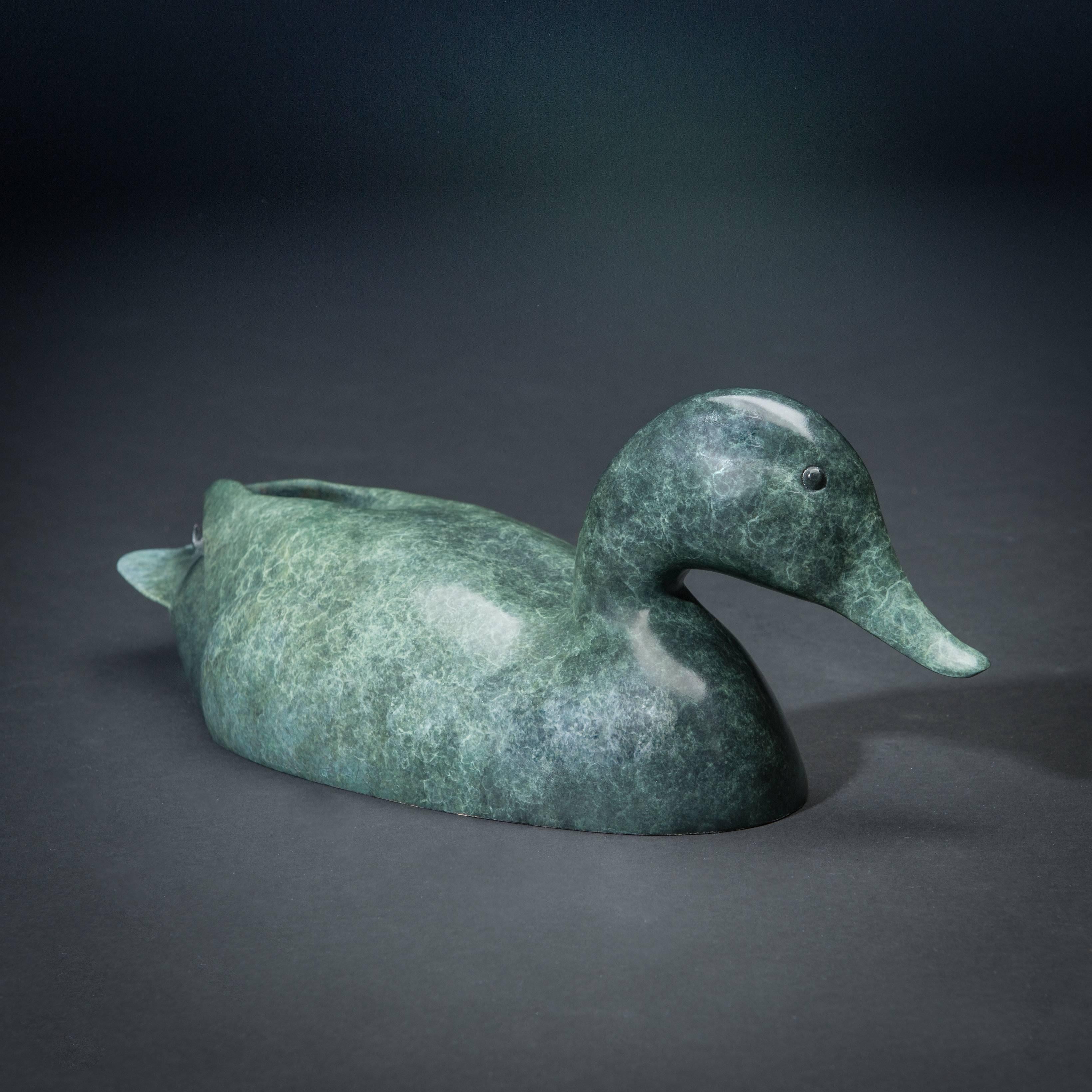 'Mallard Drake' Contemporary Bronze Sculpture of a duck, Green Wildlife & Nature For Sale 1