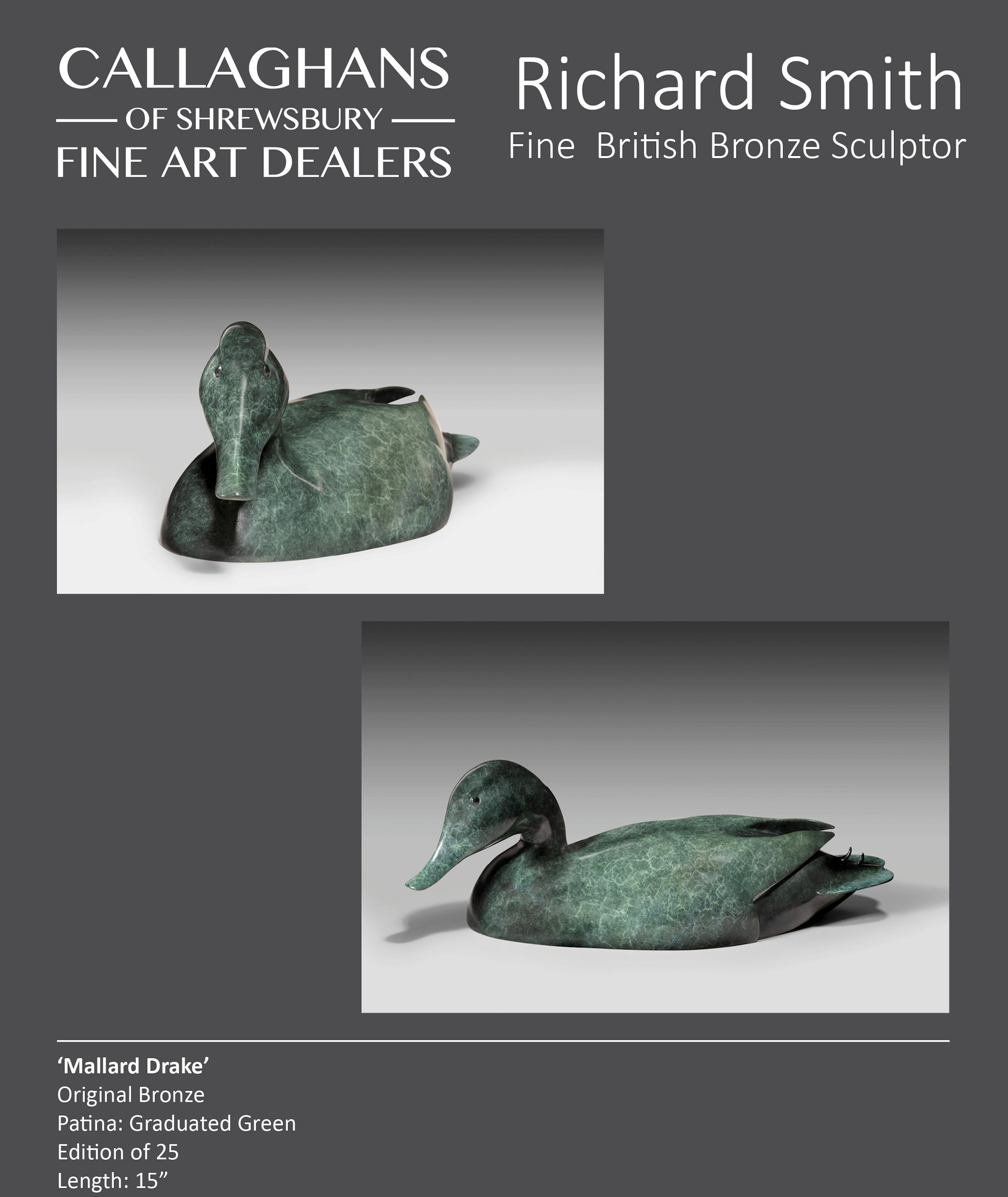 'Mallard Drake' Contemporary Bronze Sculpture of a duck, Green Wildlife & Nature 1