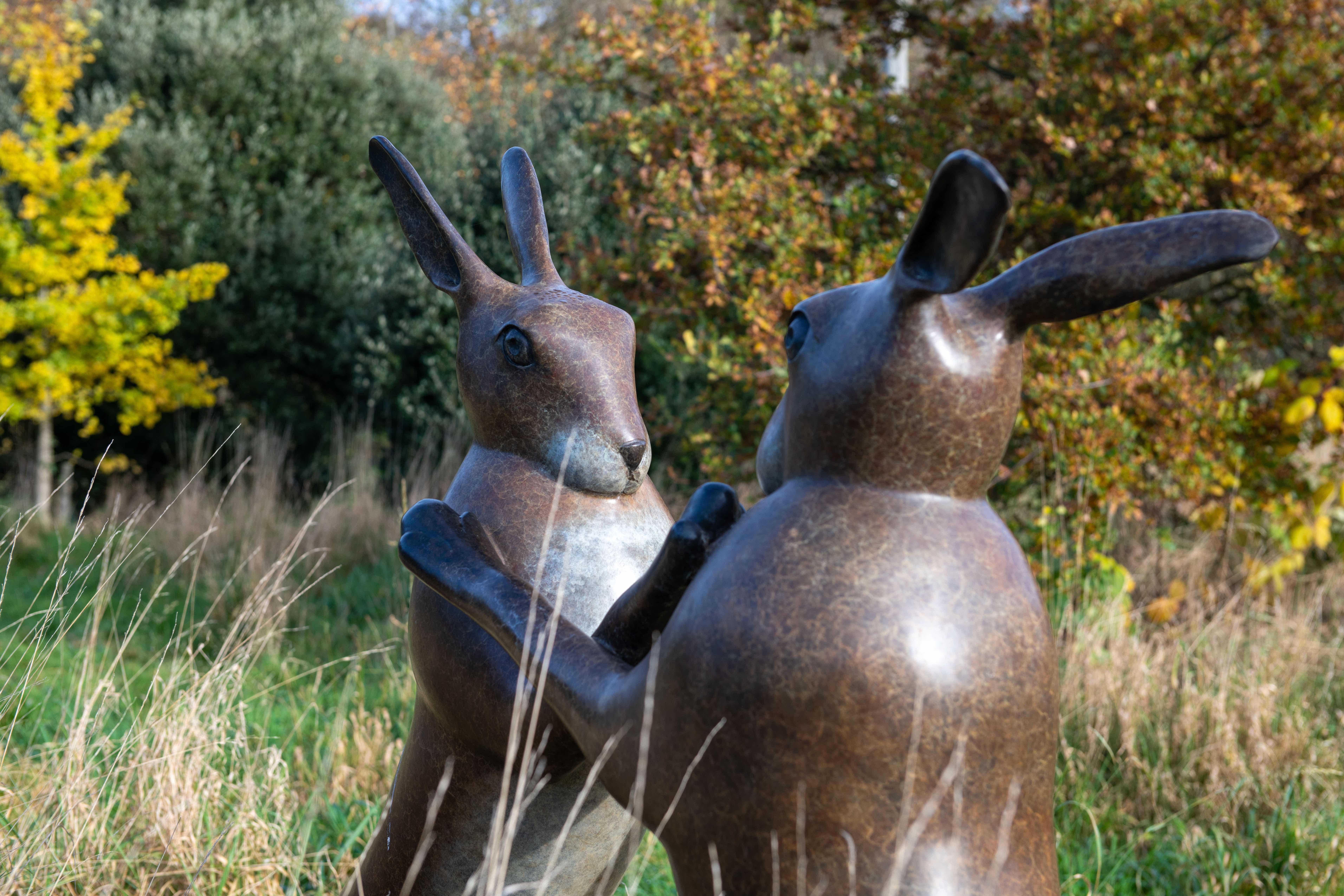 'Mojo Fun' Large outdoor Bronze sculpture of boxing hares, amazing brown patina For Sale 1