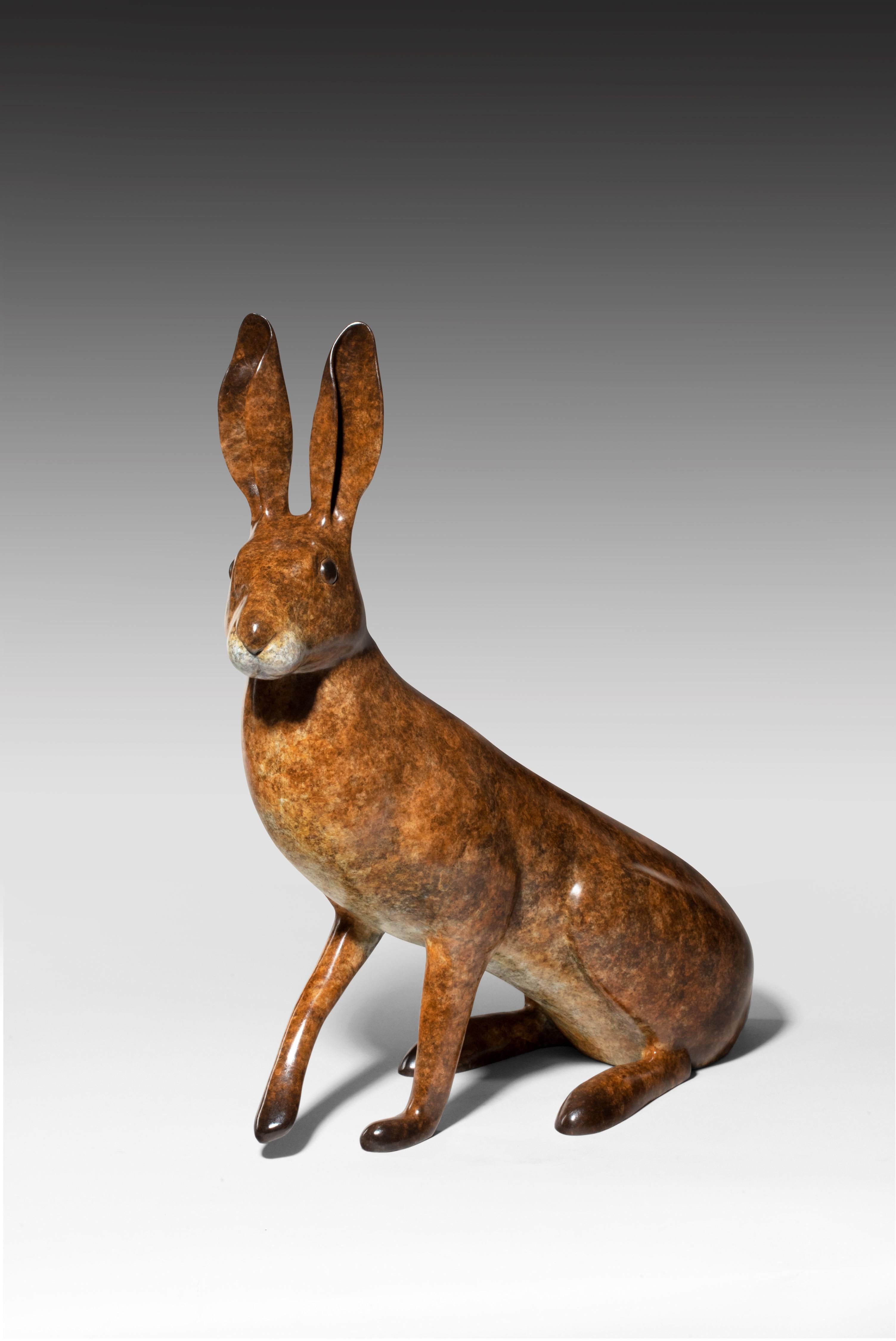What Me? Contemporary Bronze Sculpture of a English Hare, Jack Rabbit, brown - Gold Figurative Sculpture by Richard Smith b.1955
