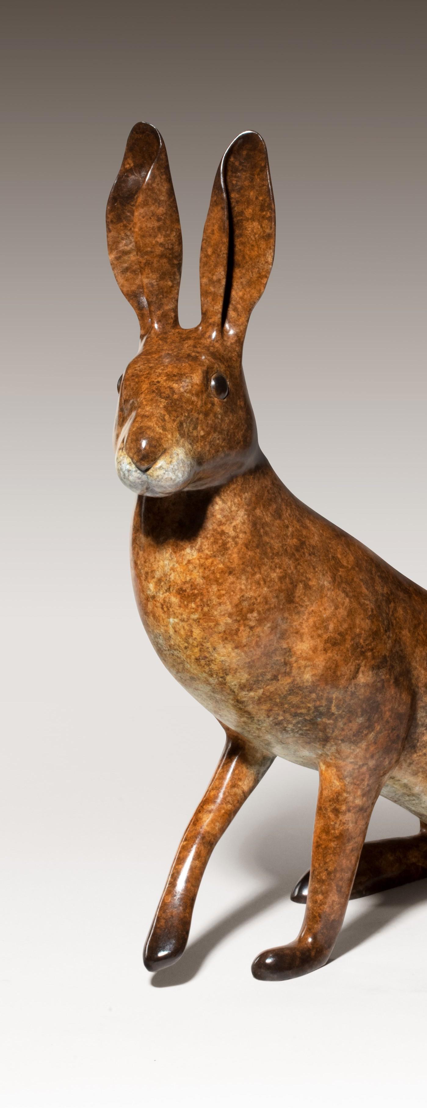 Edition of 12 

'What Me?' by Richard Smith, the hare’s form is sturdy yet refined, its lean body poised in quiet readiness. The long ears rise attentively, slightly asymmetrical, as if tuned to distant sounds across a field. The patina adds a