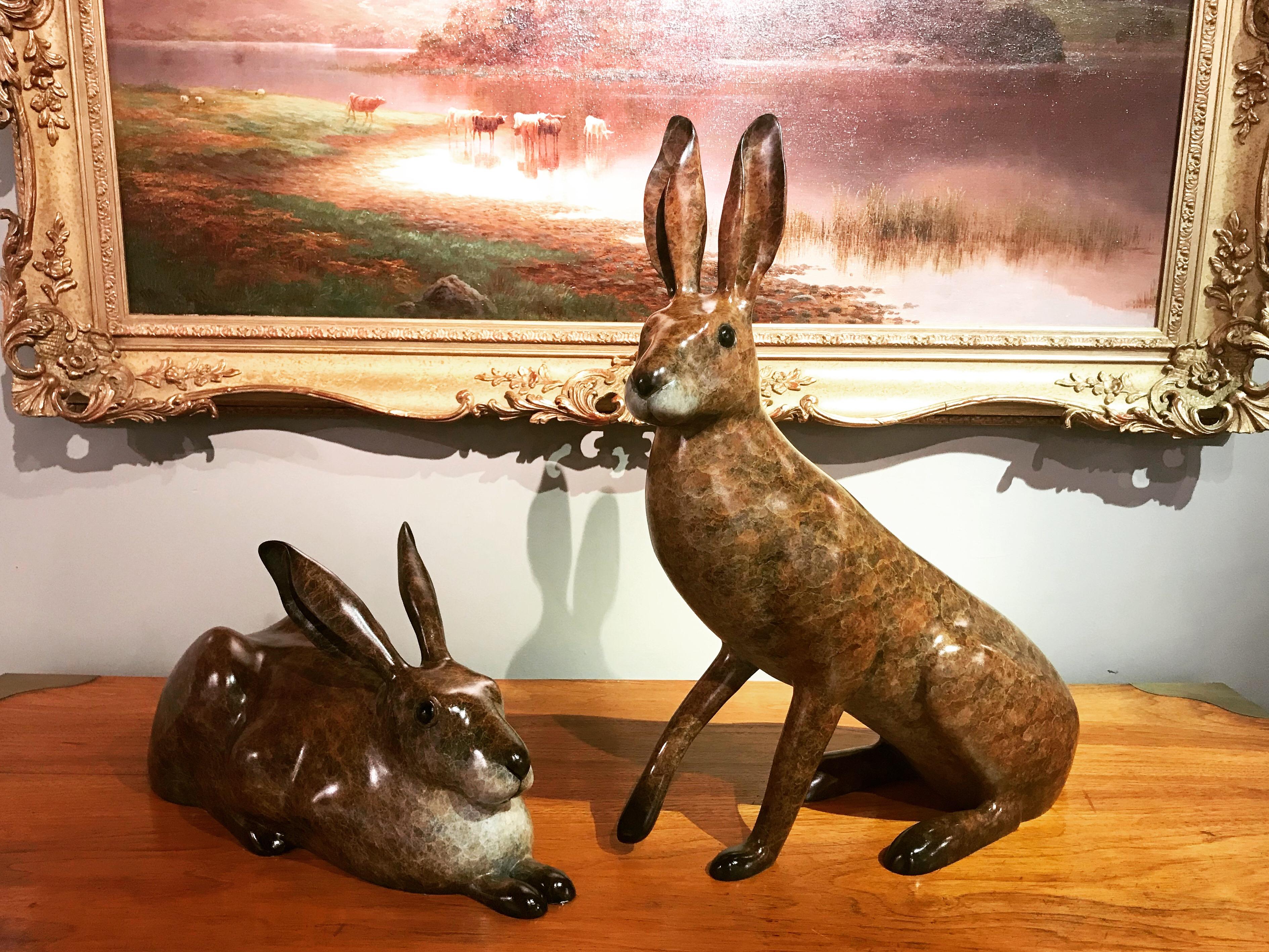 What Me? Contemporary Bronze Sculpture of a English Hare, Jack Rabbit, brown For Sale 4
