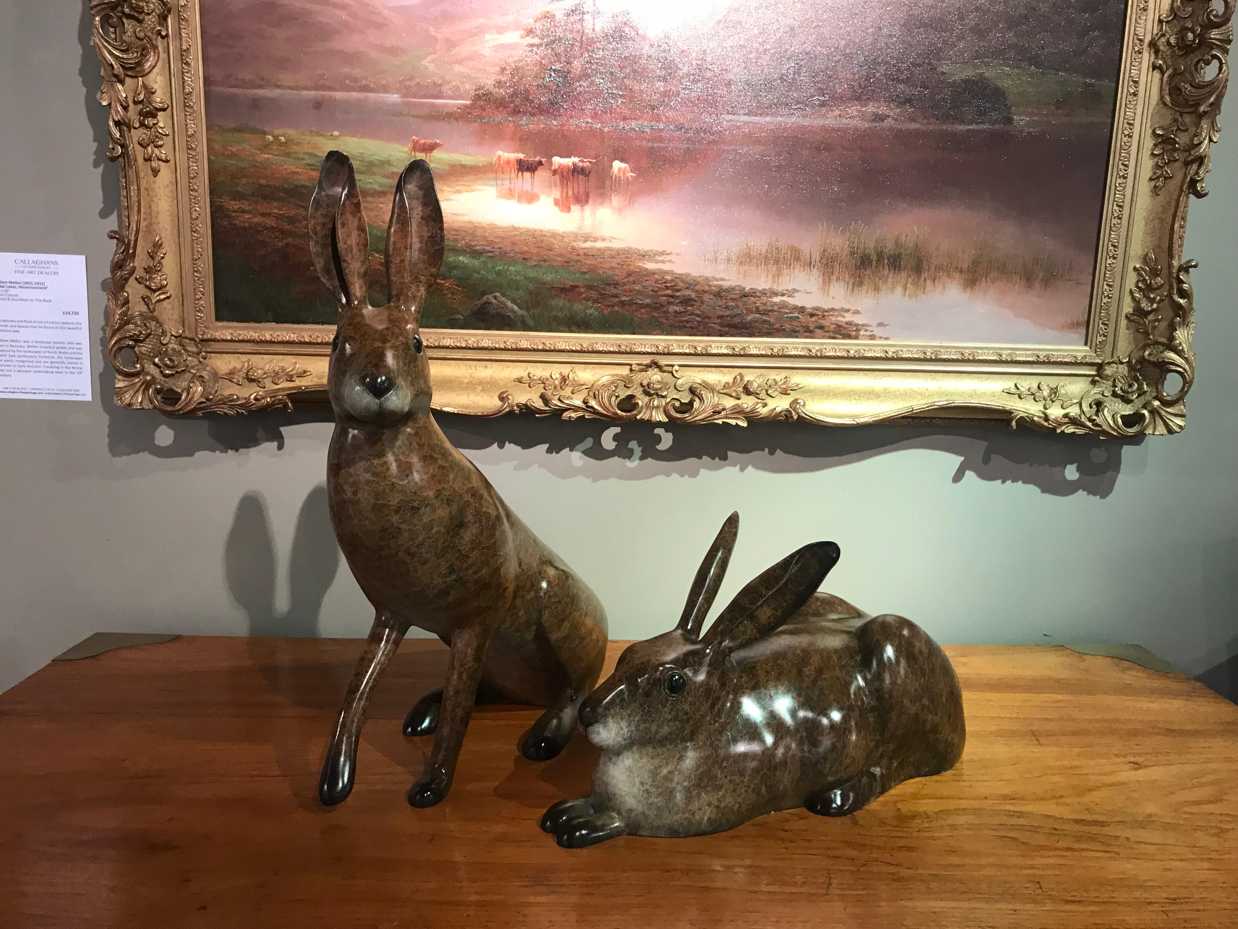 What Me? Contemporary Bronze Sculpture of a English Hare, Jack Rabbit, brown For Sale 5
