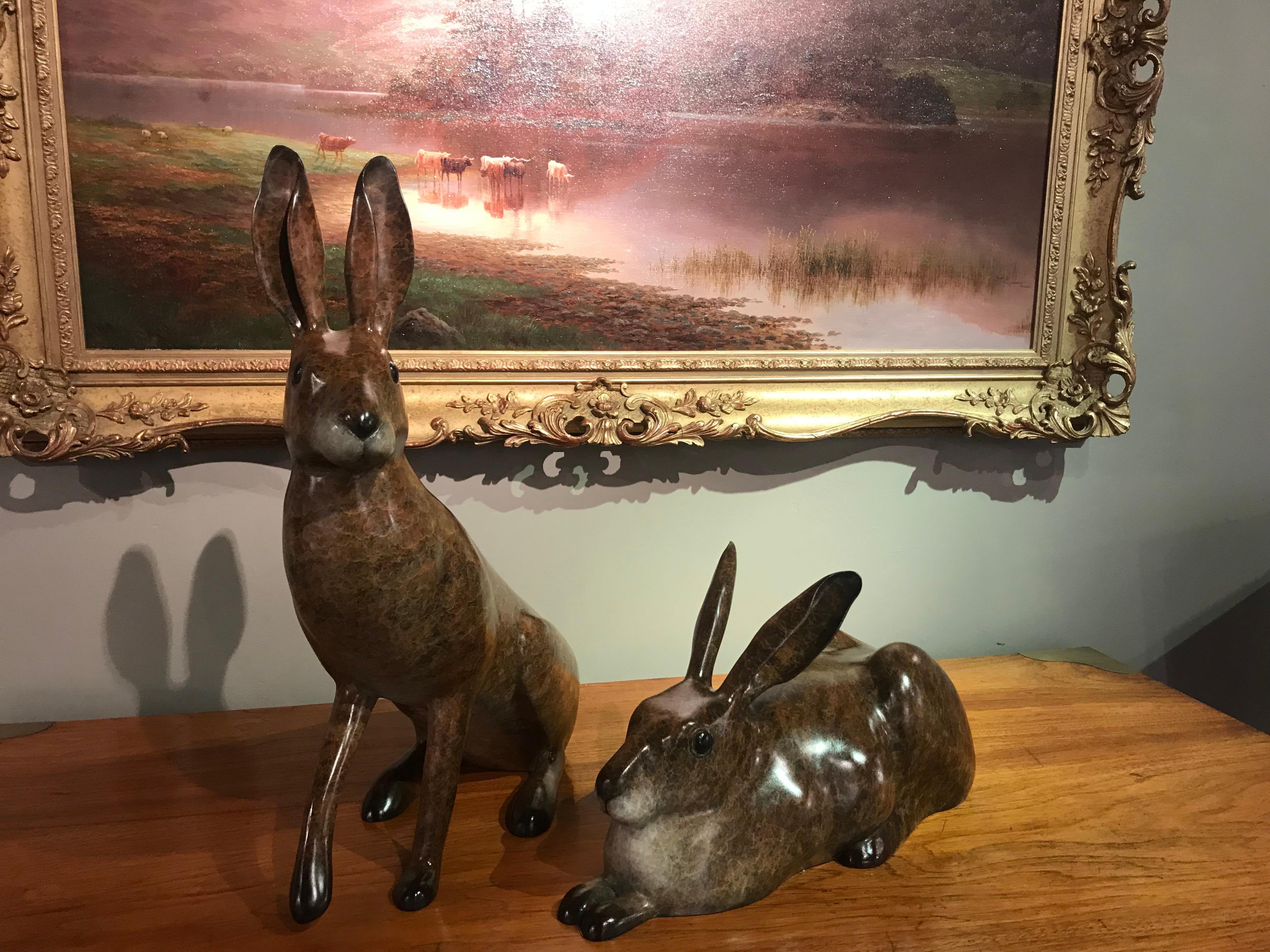What Me? Contemporary Bronze Sculpture of a English Hare, Jack Rabbit, brown For Sale 6