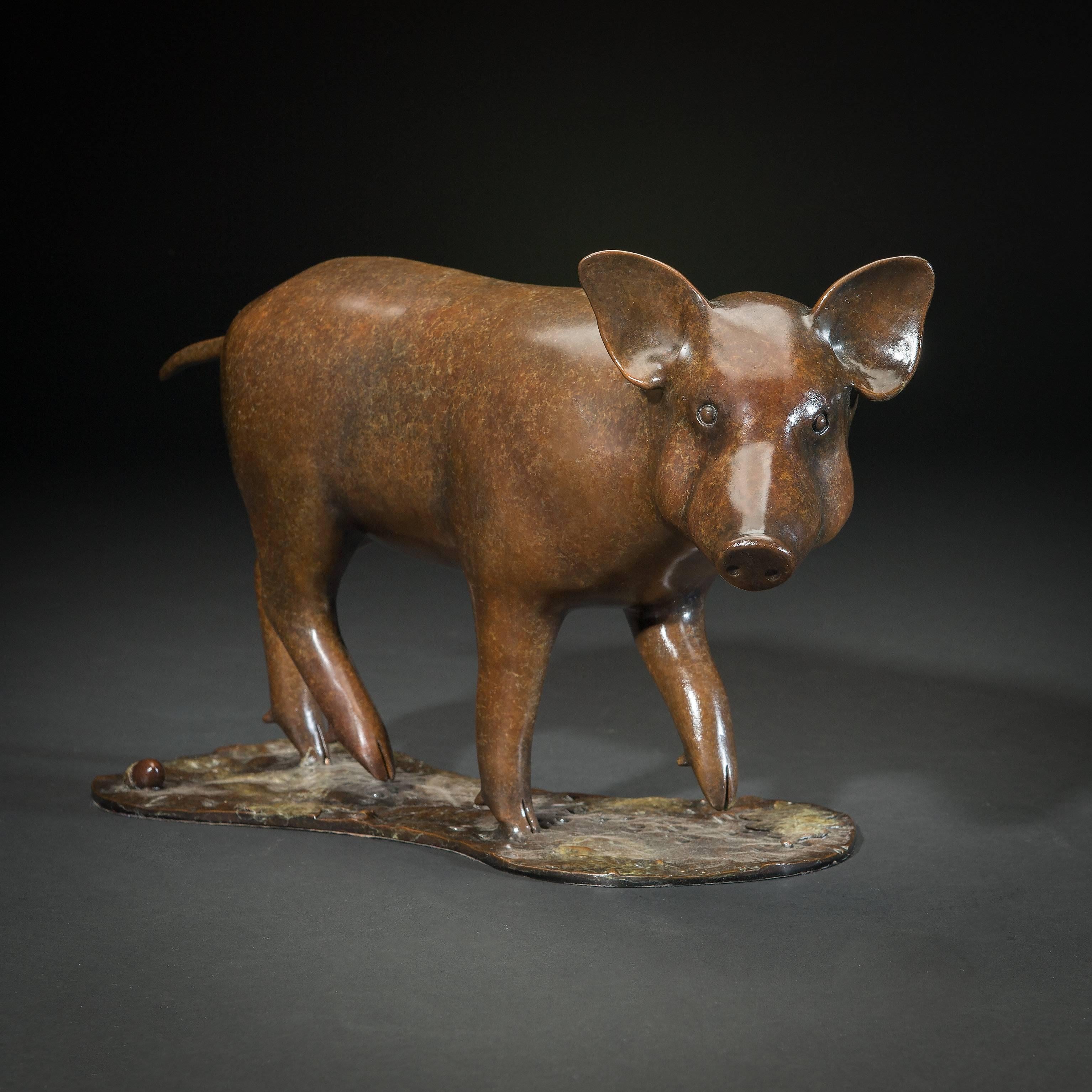 Sculpture contemporaine de faune en bronze massif « Wild Boar » représentant un porc dans la forêt