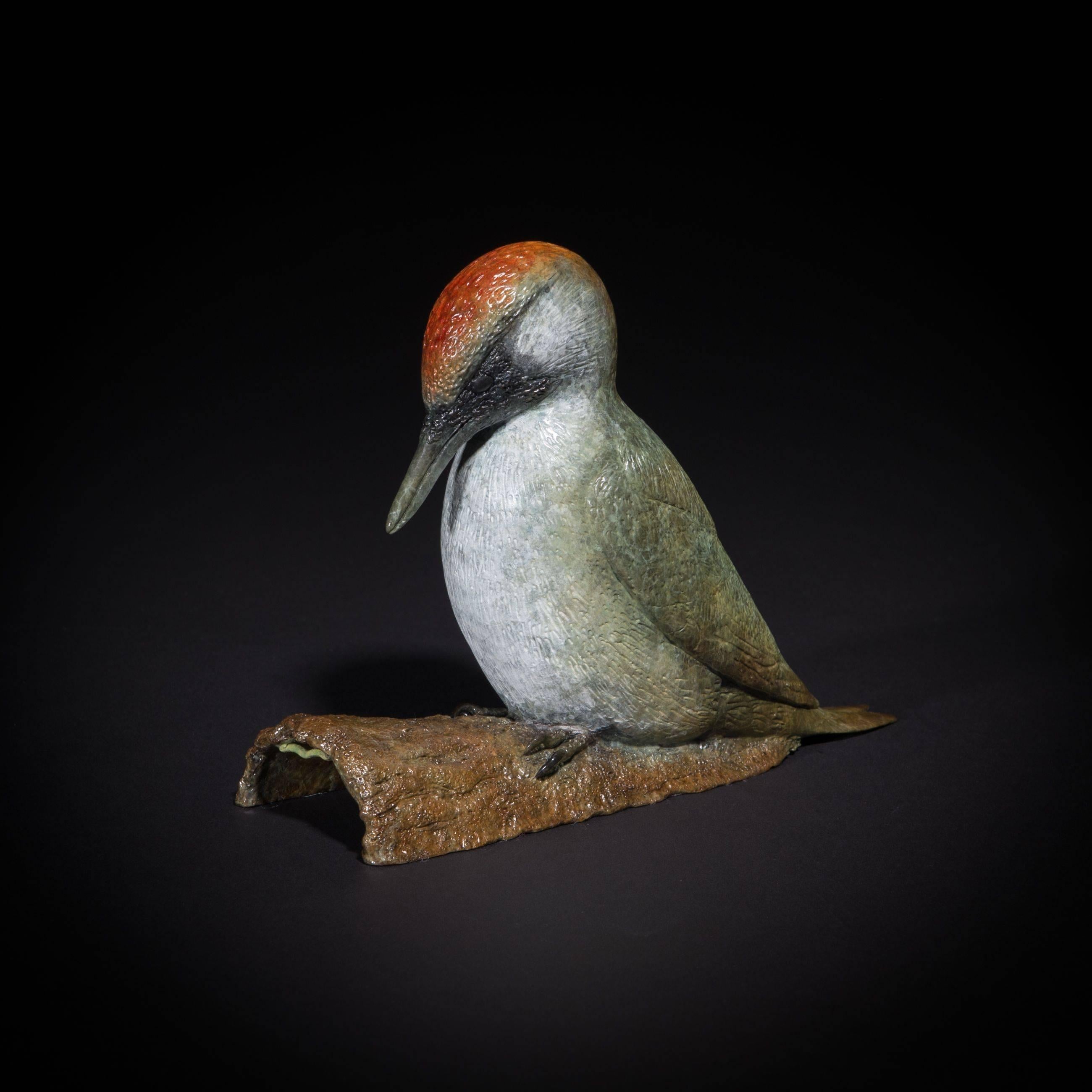 Richard Smith b.1955 Still-Life Sculpture - 'Woodpecker' Solid Bronze British Wildlife sculpture of a bird, red, green