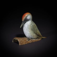 'Woodpecker' Solid Bronze British Wildlife sculpture of a bird, red, green