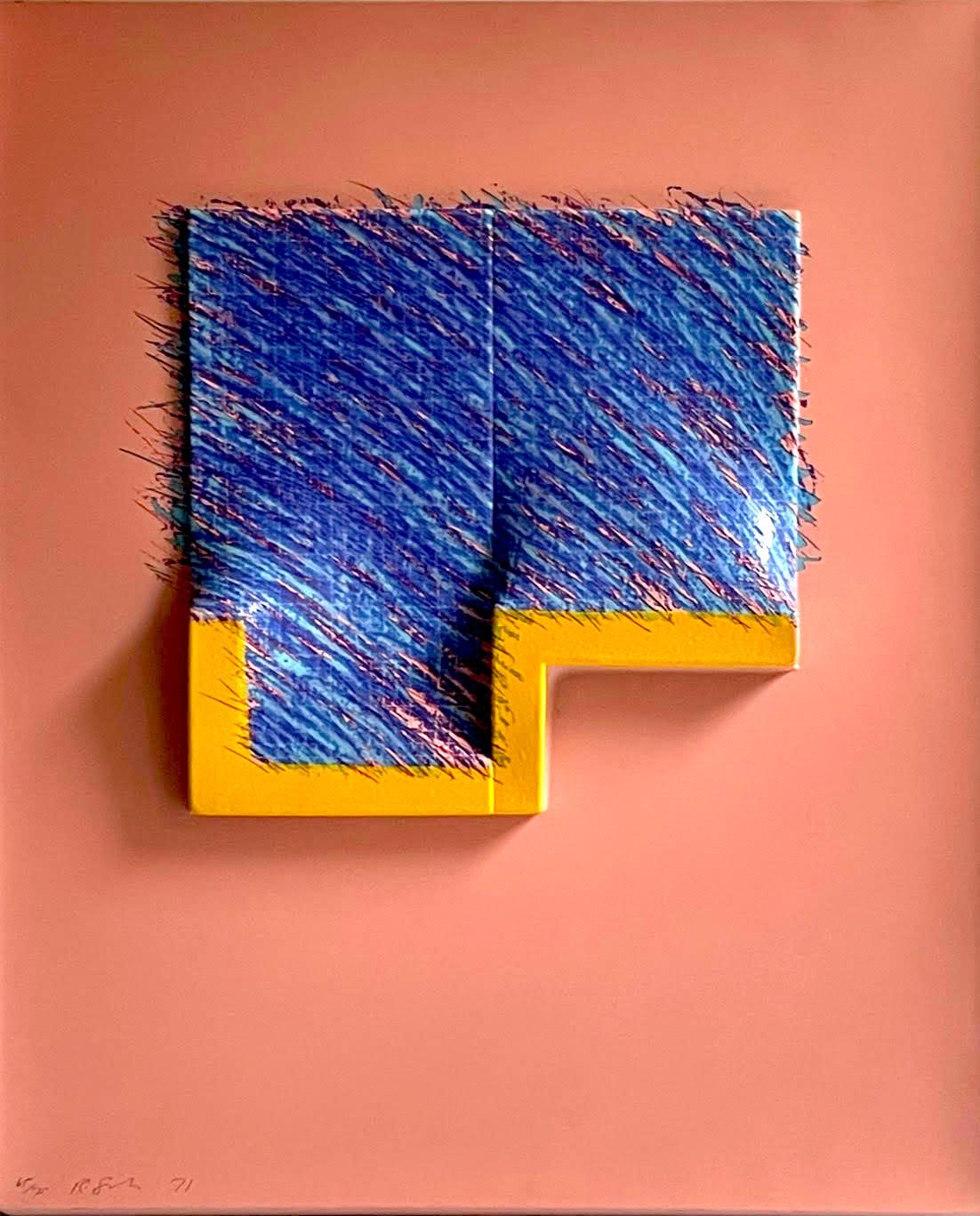 Richard Smith
Seven from Logo Suite (Pink Blue), 1971
Silkscreen on 3-D Molded Plastic Over Wood
Pencil signed, dated and numbered 65 from the edition of 75 on the front
23 1/2 × 19 1/2 × 3 inches
Unframed (though this work can be hung without