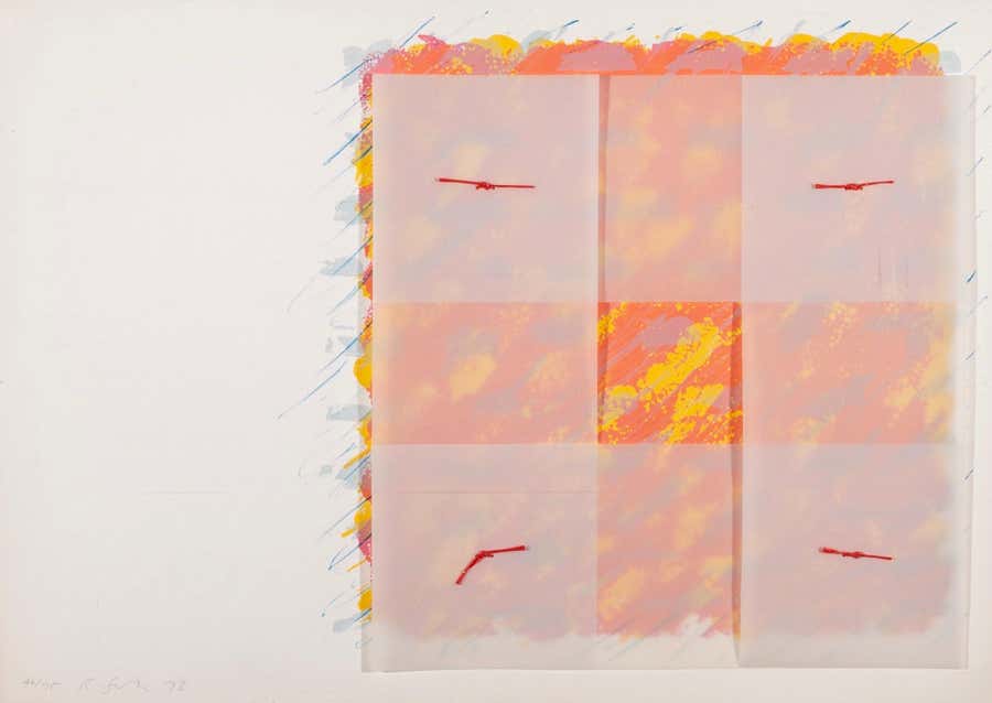 Florentine 2, Abstract Yellow and Orange Print on White with Mixed Media, 1973