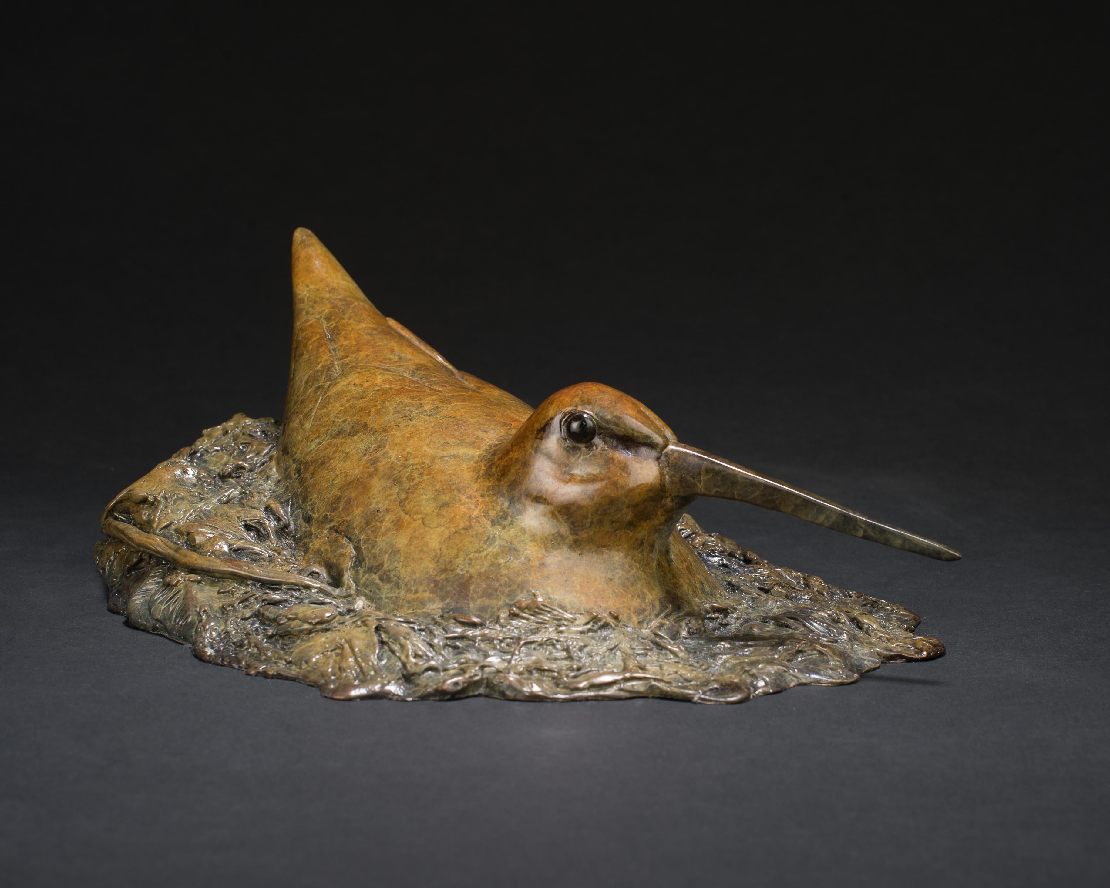 Richard Smith Still-Life Sculpture - 'Nesting Woodcock' Bronze Animal Wildlife Sculpture of a bird nesting greenery