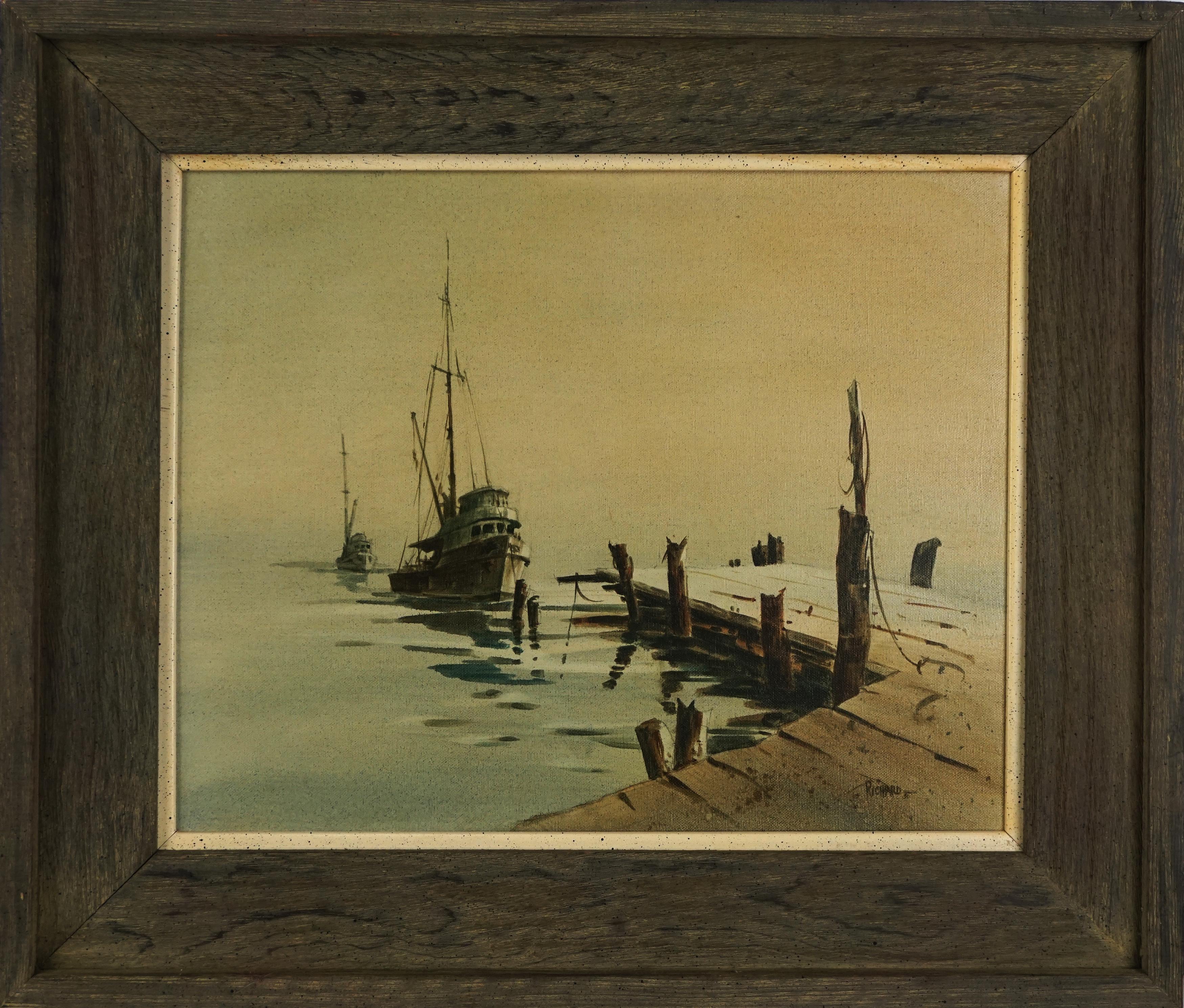 Richard Soderman Landscape Painting - Vintage Southern California Seascape with Boats -- "Foggy Morn"