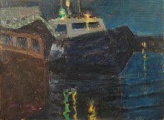 "Angedockte Trawler" Richard Stalter, Atmosphärisch, Fischerboote, Nachtlandschaft
