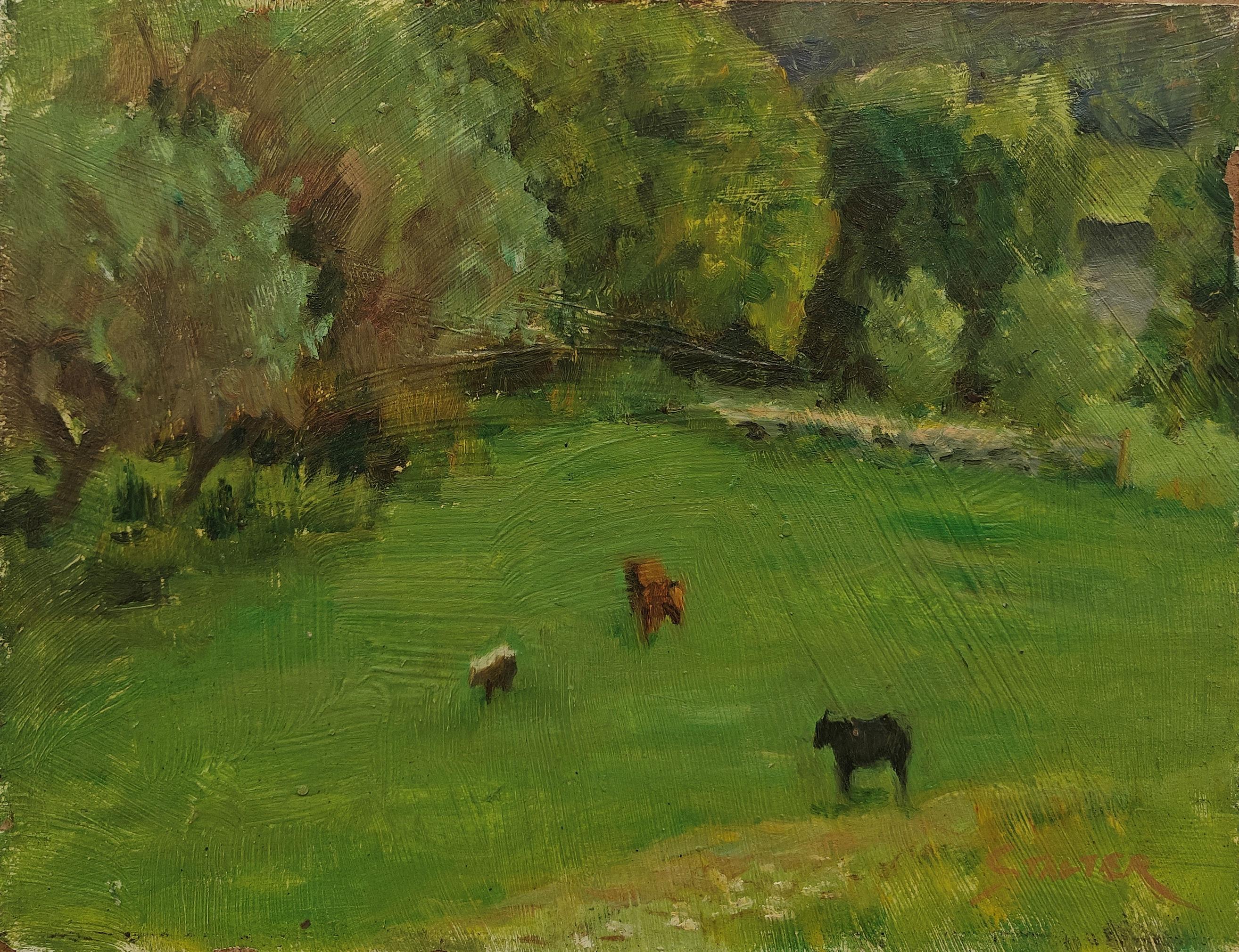 Richard Stalter
Out on the Farm
Signed lower right
Oil on board
9 x 11 3/4 inches


Richard Stalter was born in Dayton, Ohio, on April 27, 1934. He developed an interest in art at a very early age, gaining recognition for his work in both grade