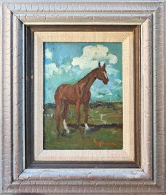 "Vollblut" Richard Stalter, Pferd auf der Weide, hellblauer Himmel, Ackerland