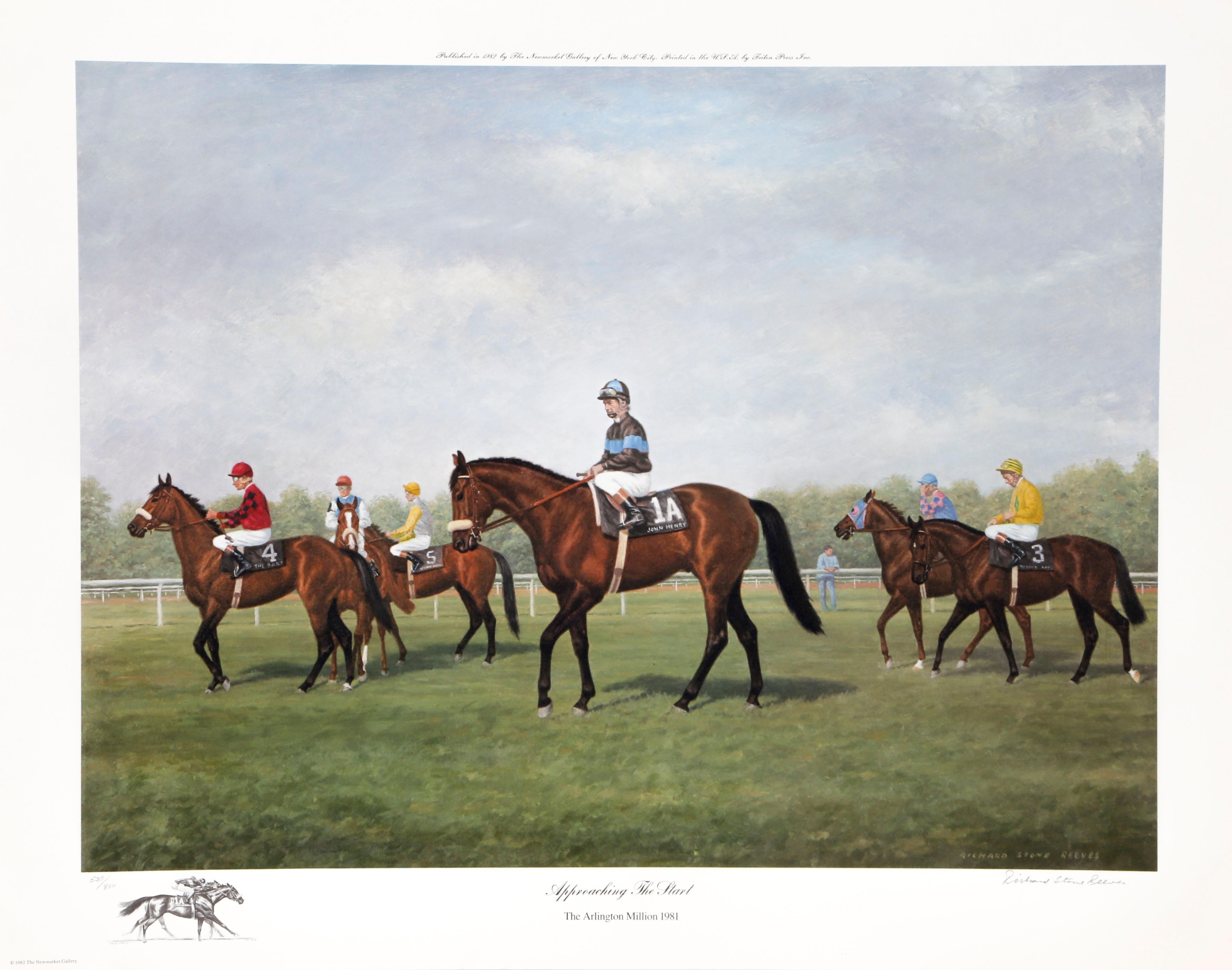 Mehrere Pferde und ihre Reiter nähern sich der Startlinie, um ein Rennen zu beginnen.

Annäherung an den Start
Richard Stone Reeves, Amerikaner (1919-2005)
Datum: 1982
Lithographie, mit Bleistift signiert und nummeriert
Auflage von