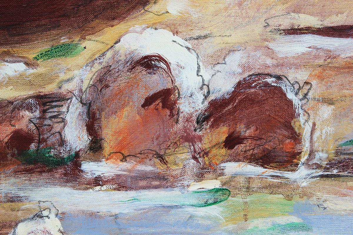 Red toned abstract impressionist landscape by Texas artist, Richard Stout. This painting depicts a desert landscape with a mountain, caves, and various rock formations with tall ones appearing to be floating above the ground. Signed and dated by the