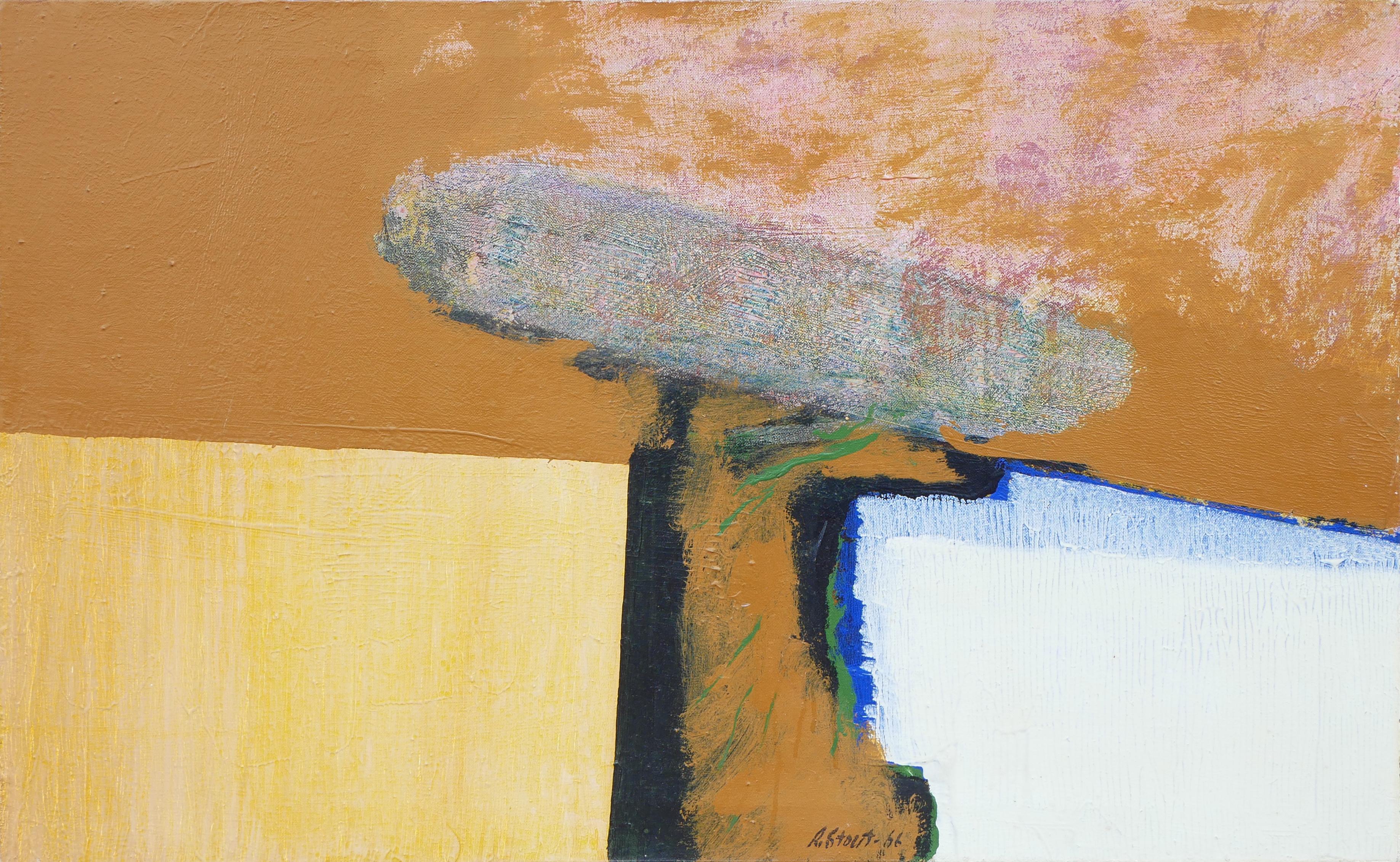 Richard Stout Abstract Painting - "Monument – Study" Brown and Blue Modern Abstract Surrealistic Painting