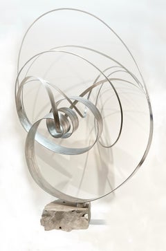 Regroup, large stainless steel and stone spiral abstract sculpture, 2021