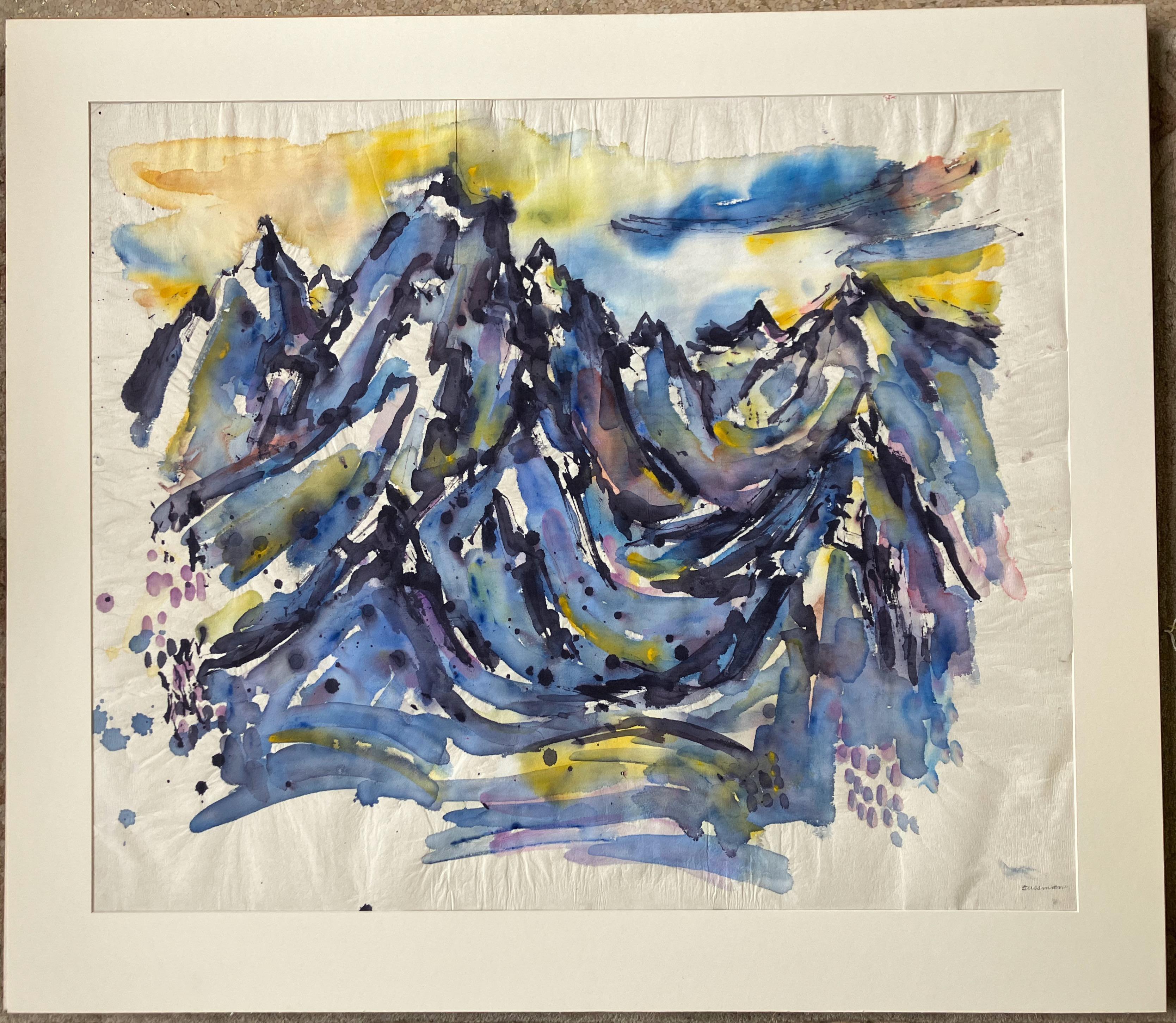 Artist: Richard Sussman – American (1908-1971)
Title: Tetons
Year: Circa 1960
Medium: Watercolor on handmade paper
Image size: 29.5 x 35 inches. 
Matted size: 36 x 41.5 inches
Signature: Signed lower right
Condition: Very good

This vibrant