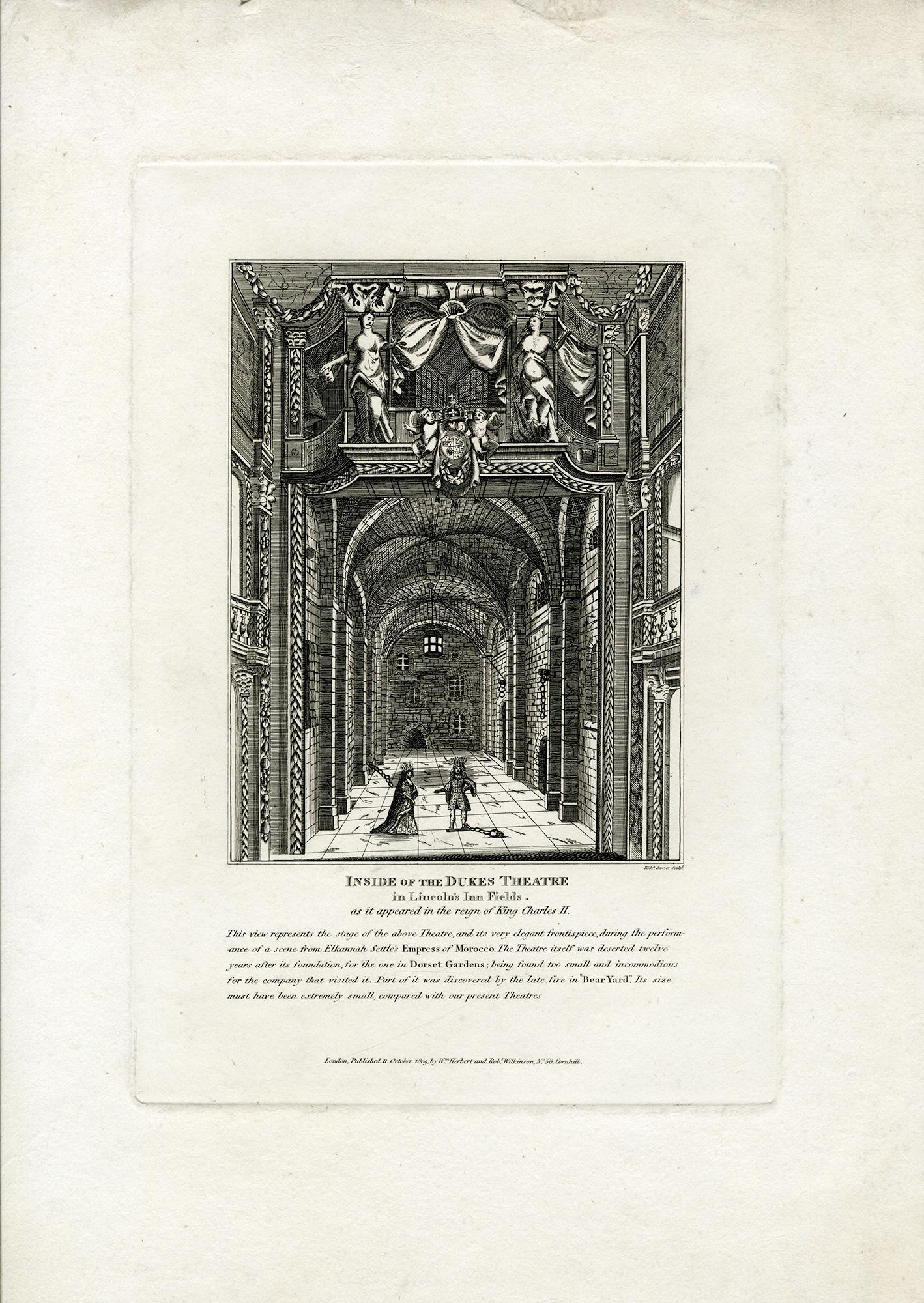Inside of the Duke's Theater in Lincoln's Inn Fields as it appeared...Charles II - Print by Richard Swayer