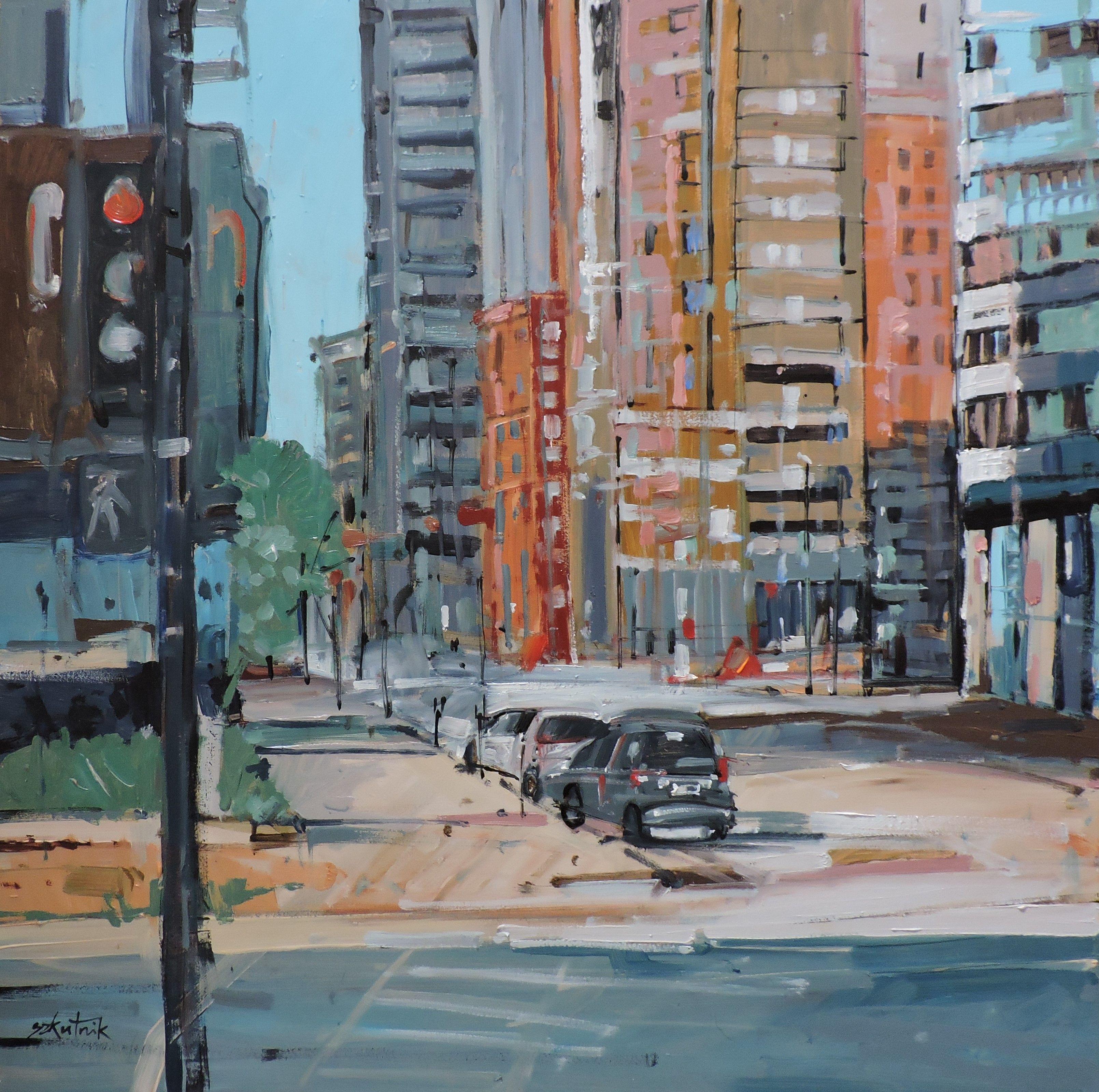 Original cityscape oil on panel painting 20th St , Denver  :: Painting :: Impressionist :: This piece comes with an official certificate of authenticity signed by the artist :: Ready to Hang: No :: Signed: Yes :: Signature Location: front :: Other