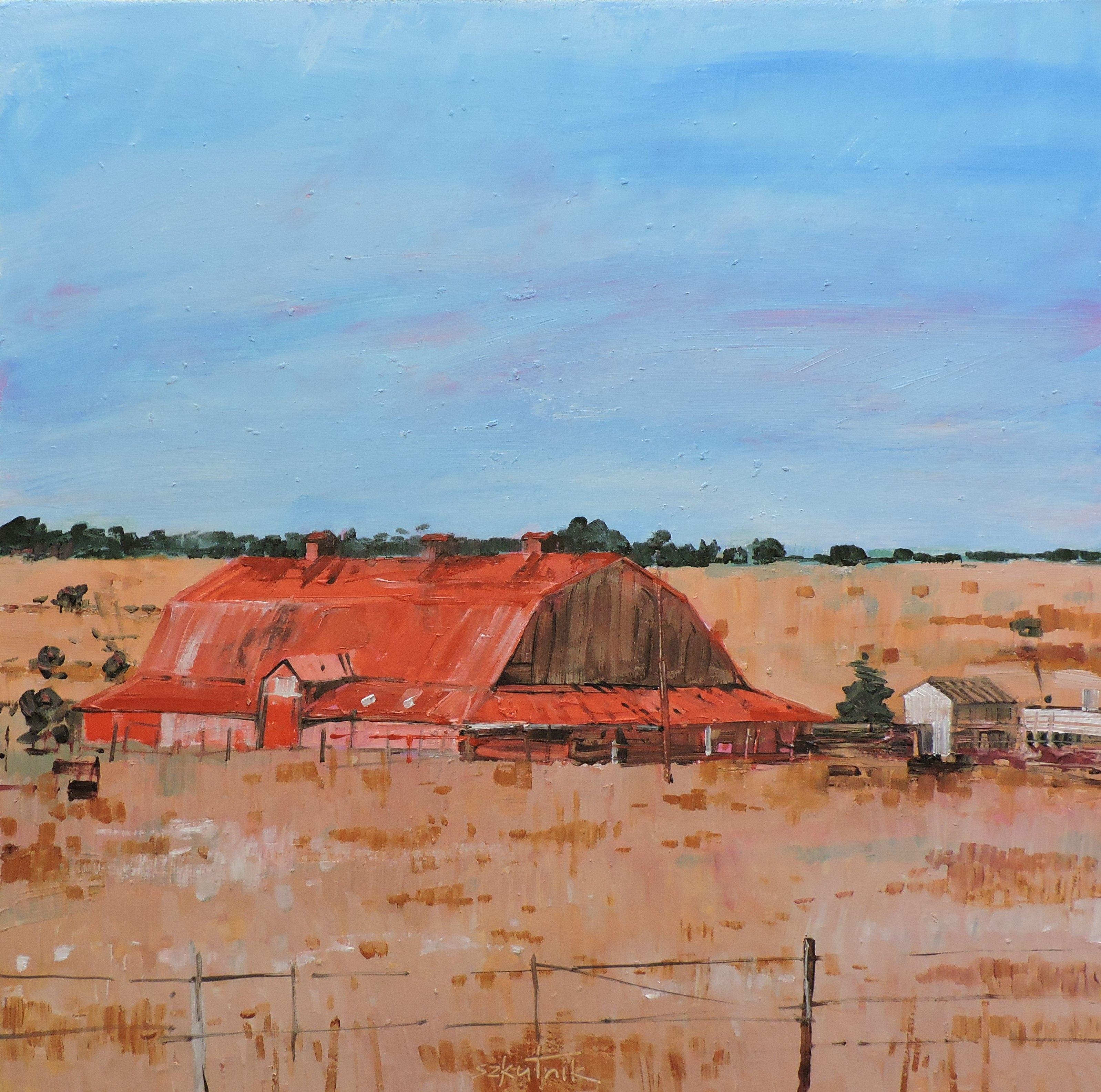 Barn in Red, Gemälde, Öl auf Holzplatte
