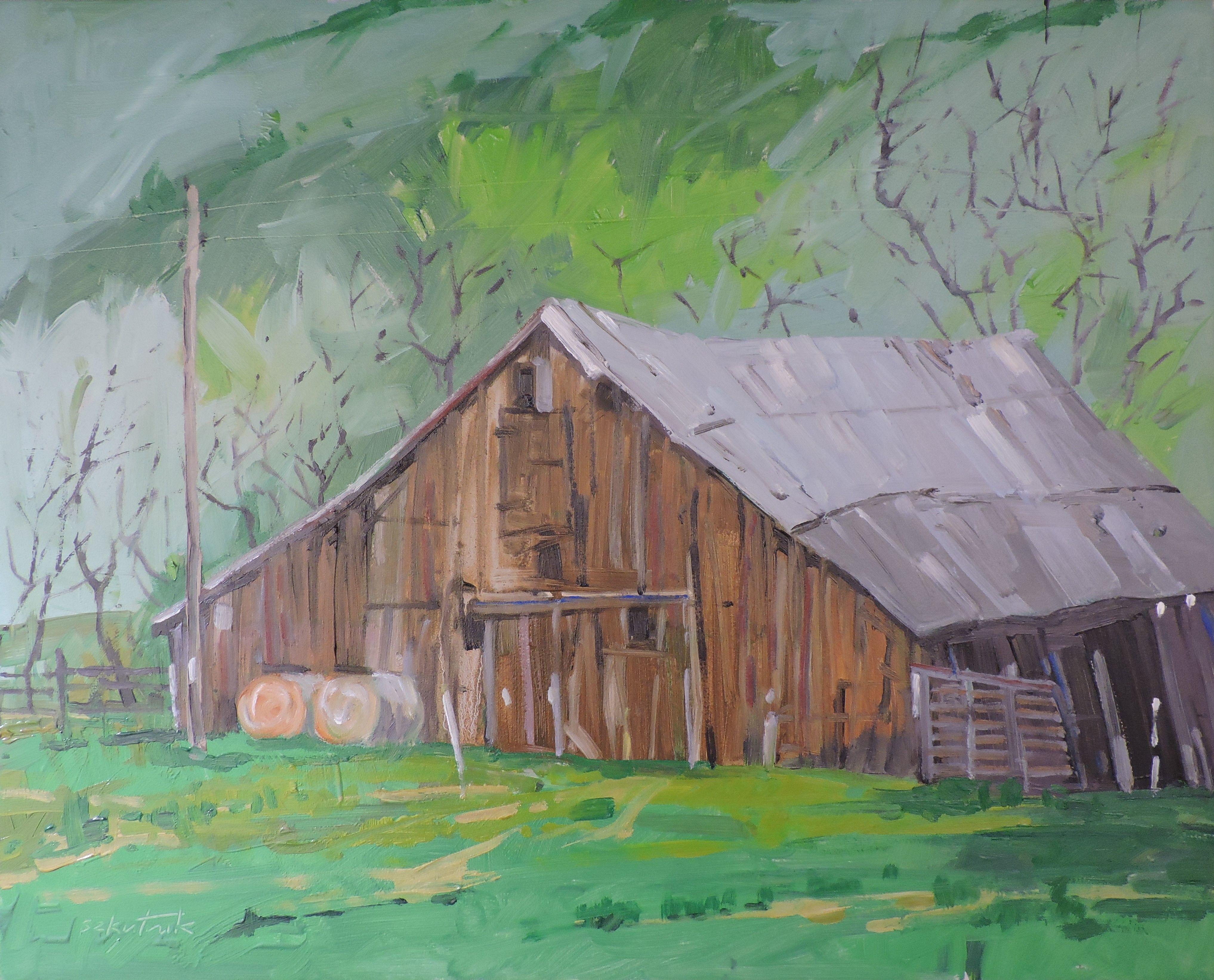 Fienile, Pittura, Olio su altro - Painting di Richard Szkutnik