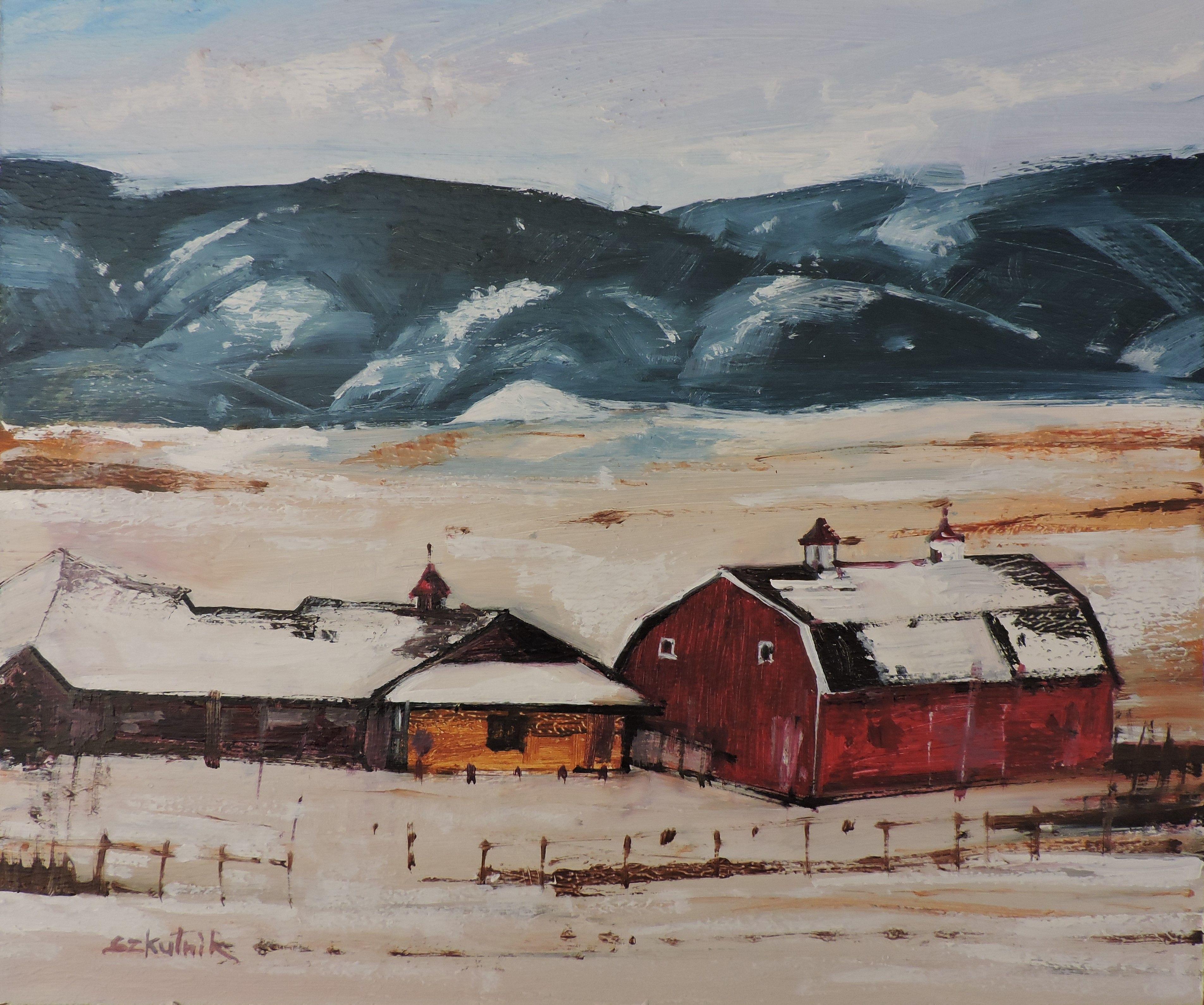 Original en plein air winter farm landscape paint in contemporary impressionism style :: Painting :: Impressionist :: This piece comes with an official certificate of authenticity signed by the artist :: Ready to Hang: No :: Signed: Yes :: Signature