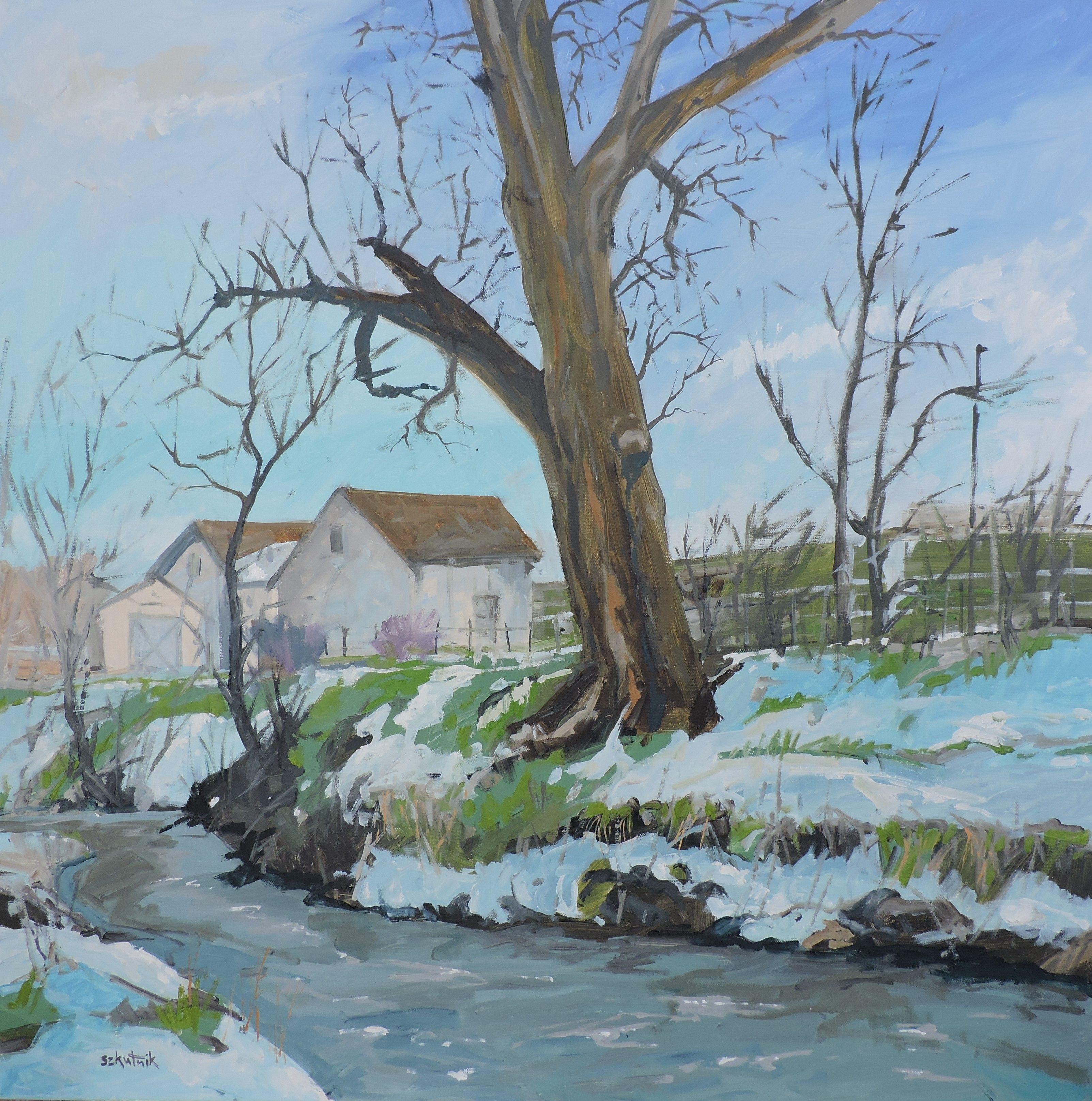 Spring melt snow by Big Dry Creek  Original oil on canvas :: Painting :: Impressionist :: This piece comes with an official certificate of authenticity signed by the artist :: Ready to Hang: Yes :: Signed: Yes :: Signature Location: front :: Canvas