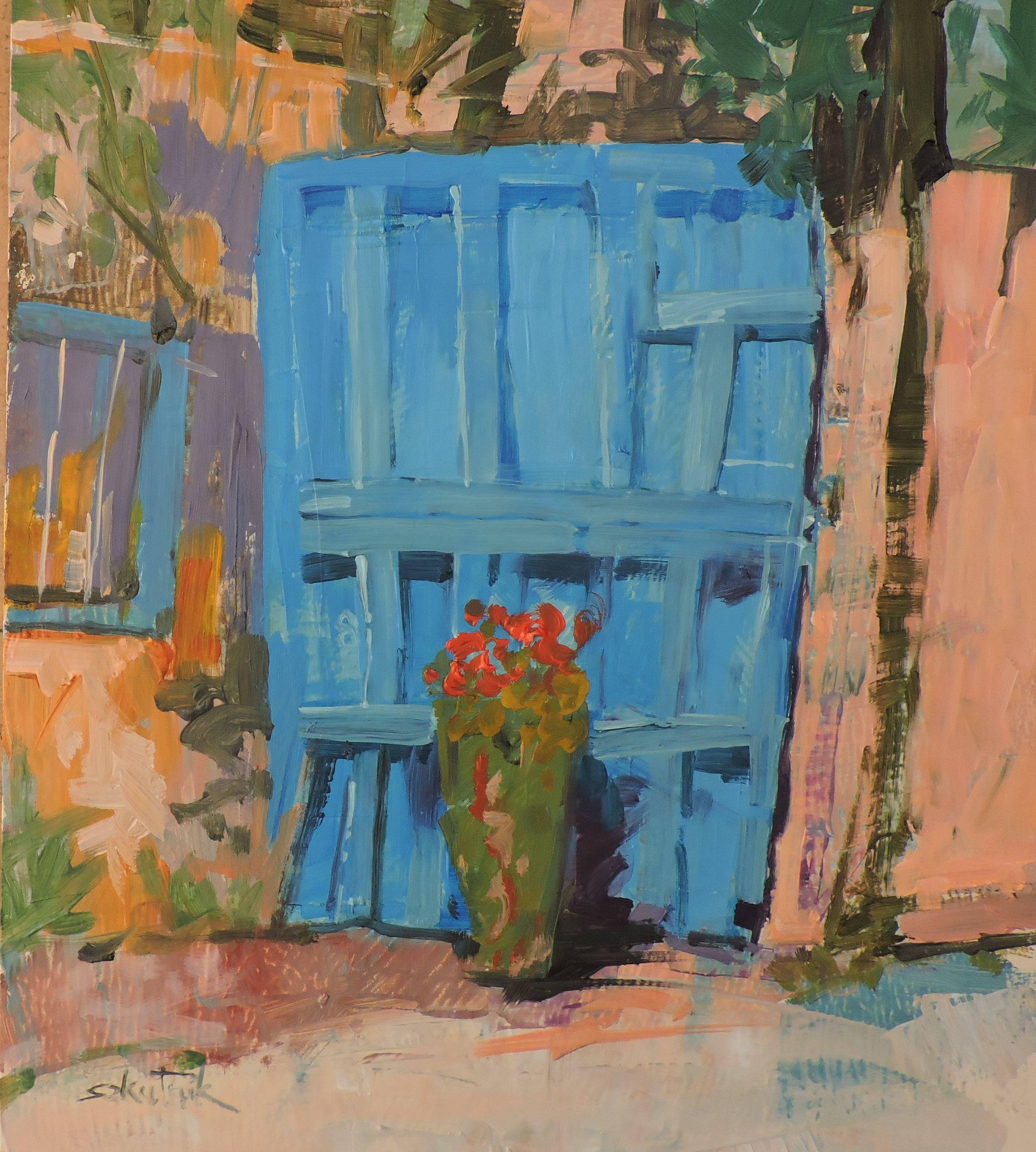 Blaues Tor, Gemälde, Öl auf Holzplatte – Painting von Richard Szkutnik