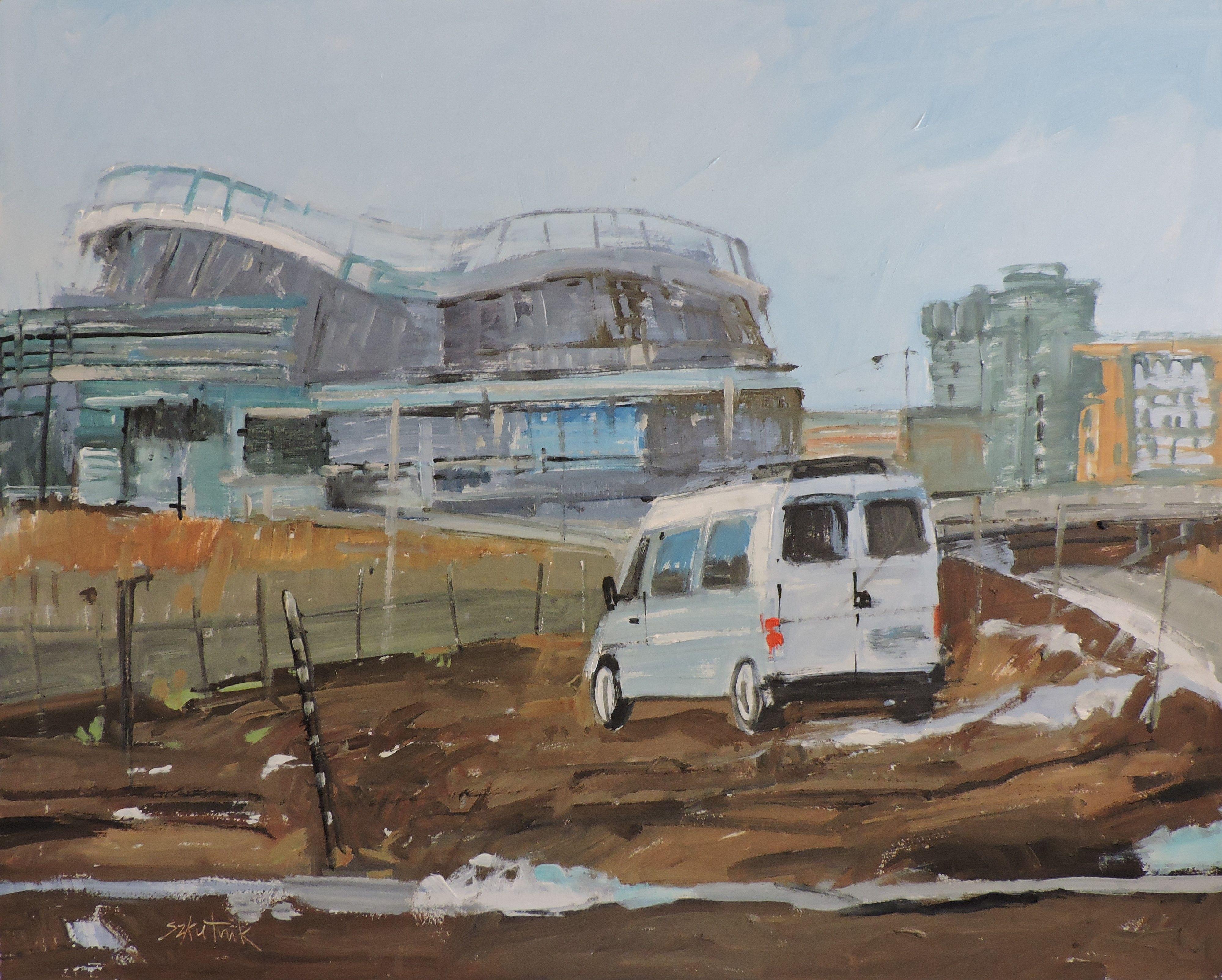 Bronco-Stadion, Gemälde, Öl auf Anderem – Painting von Richard Szkutnik