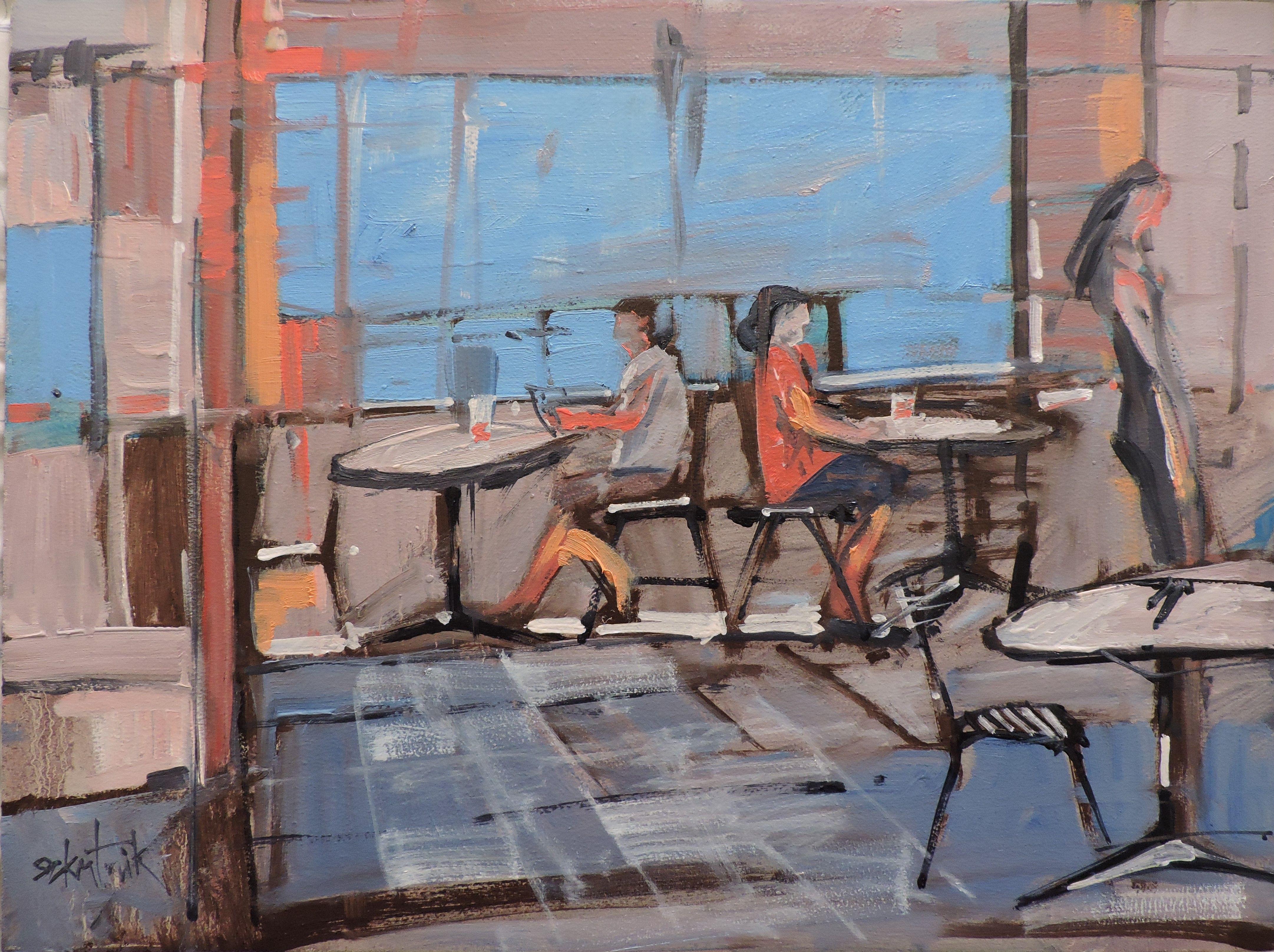 people in cafe   original oil on panel  :: Painting :: Impressionist :: This piece comes with an official certificate of authenticity signed by the artist :: Ready to Hang: No :: Signed: Yes :: Signature Location: front :: Other :: Landscape ::