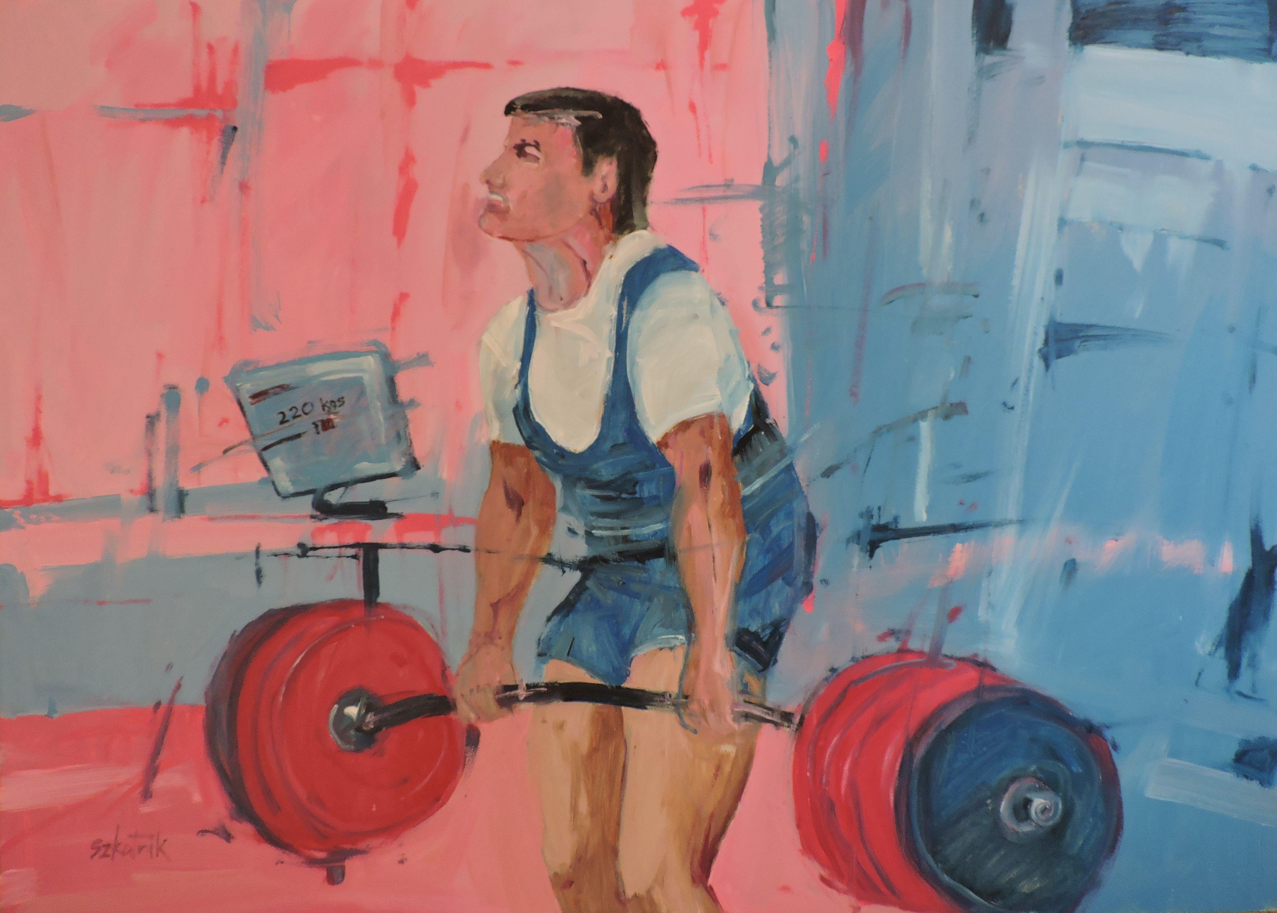 Man weight lifting competition, original oil on panel :: Painting :: Impressionist :: This piece comes with an official certificate of authenticity signed by the artist :: Ready to Hang: No :: Signed: Yes :: Signature Location: front :: Wood Panel