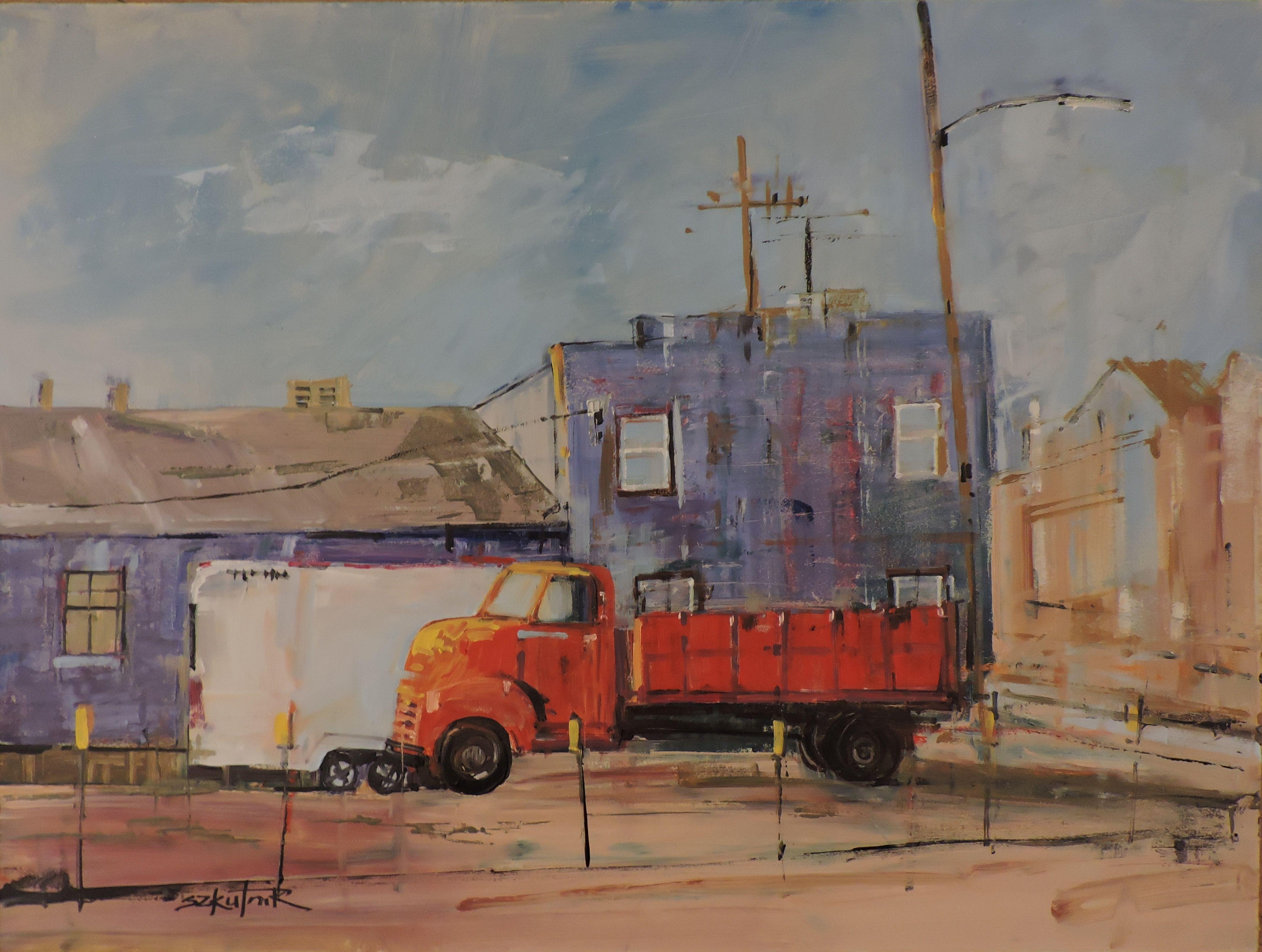 Camion da cantiere, Pittura, Olio su pannello di Wood - Painting di Richard Szkutnik