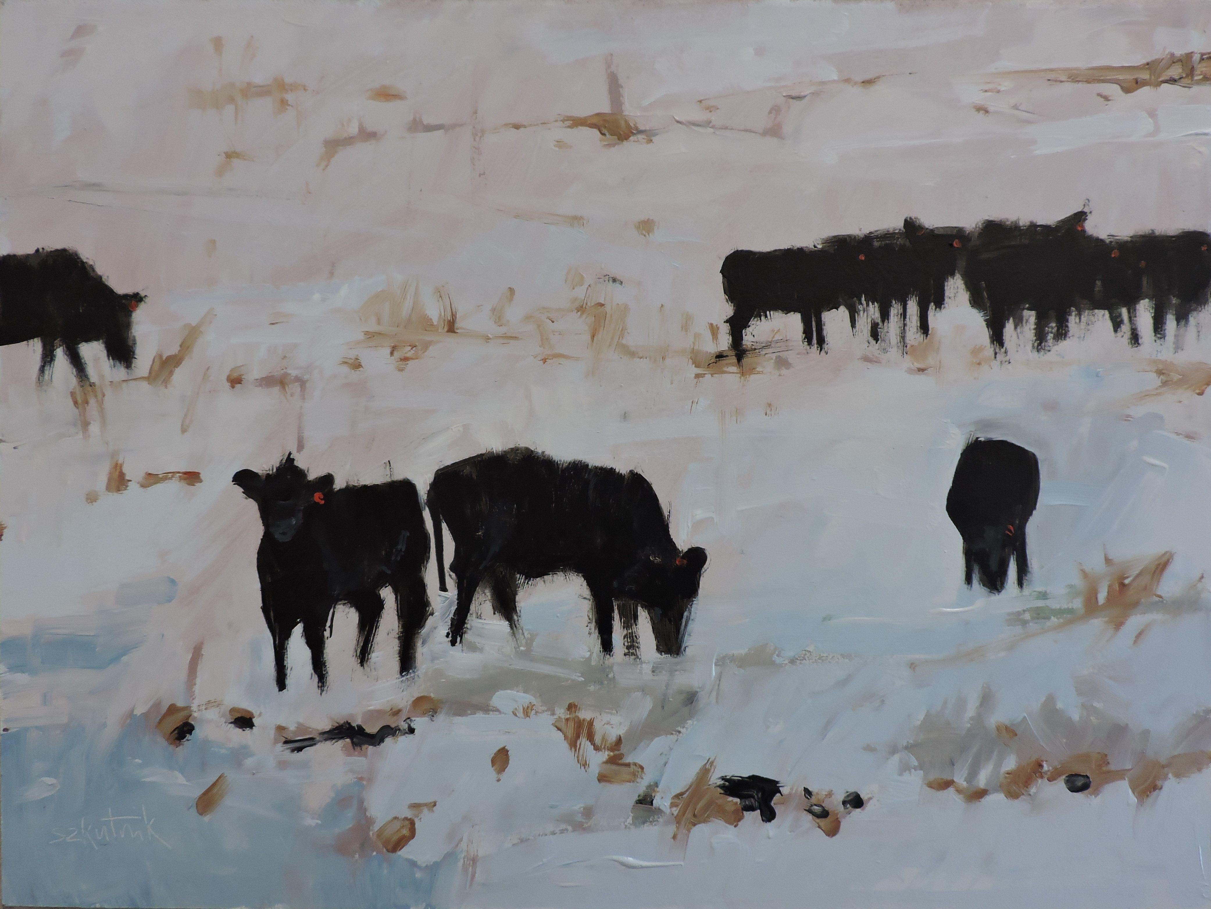 Cows in Snow original oil on panel paint in contemporary impressionism style :: Painting :: Impressionist :: This piece comes with an official certificate of authenticity signed by the artist :: Ready to Hang: No :: Signed: Yes :: Signature