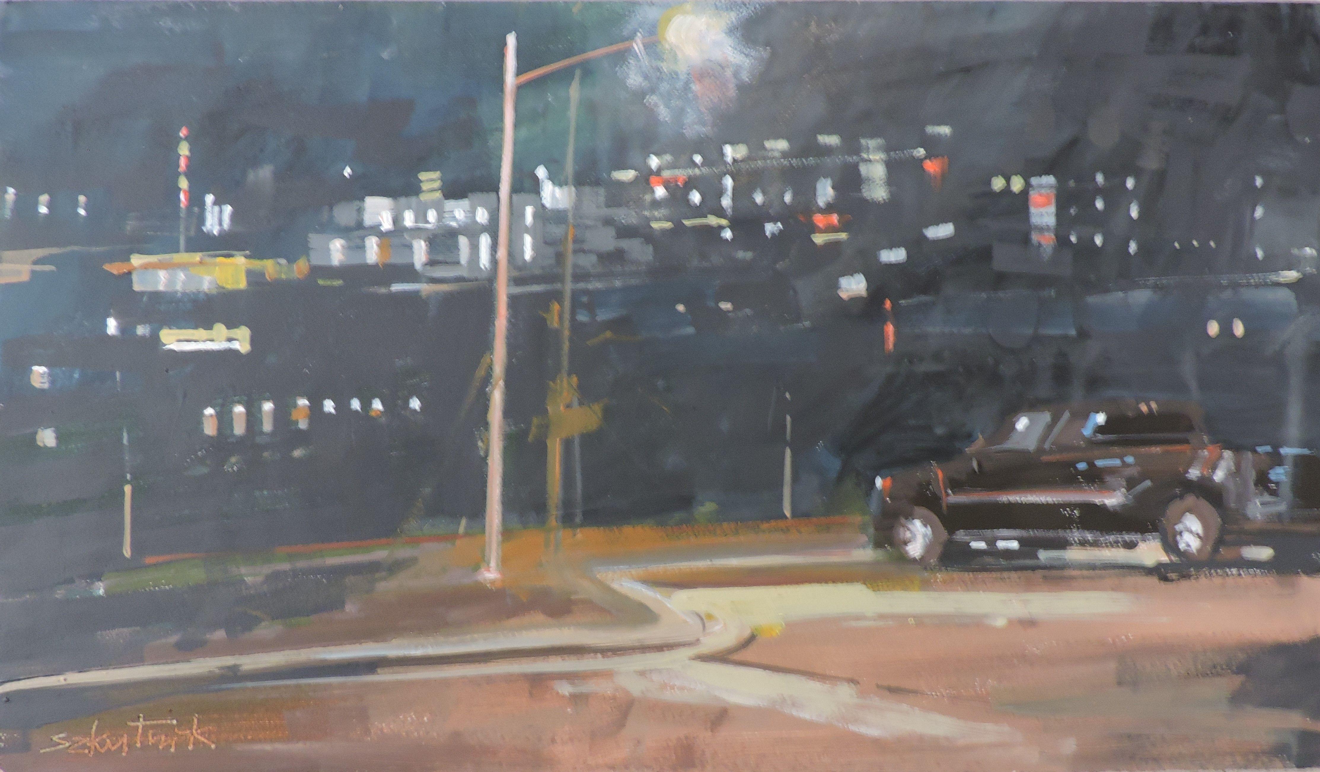original city at night oil on panel  :: Painting :: Contemporary :: This piece comes with an official certificate of authenticity signed by the artist :: Ready to Hang: No :: Signed: Yes :: Signature Location: front :: Other :: Landscape :: Original