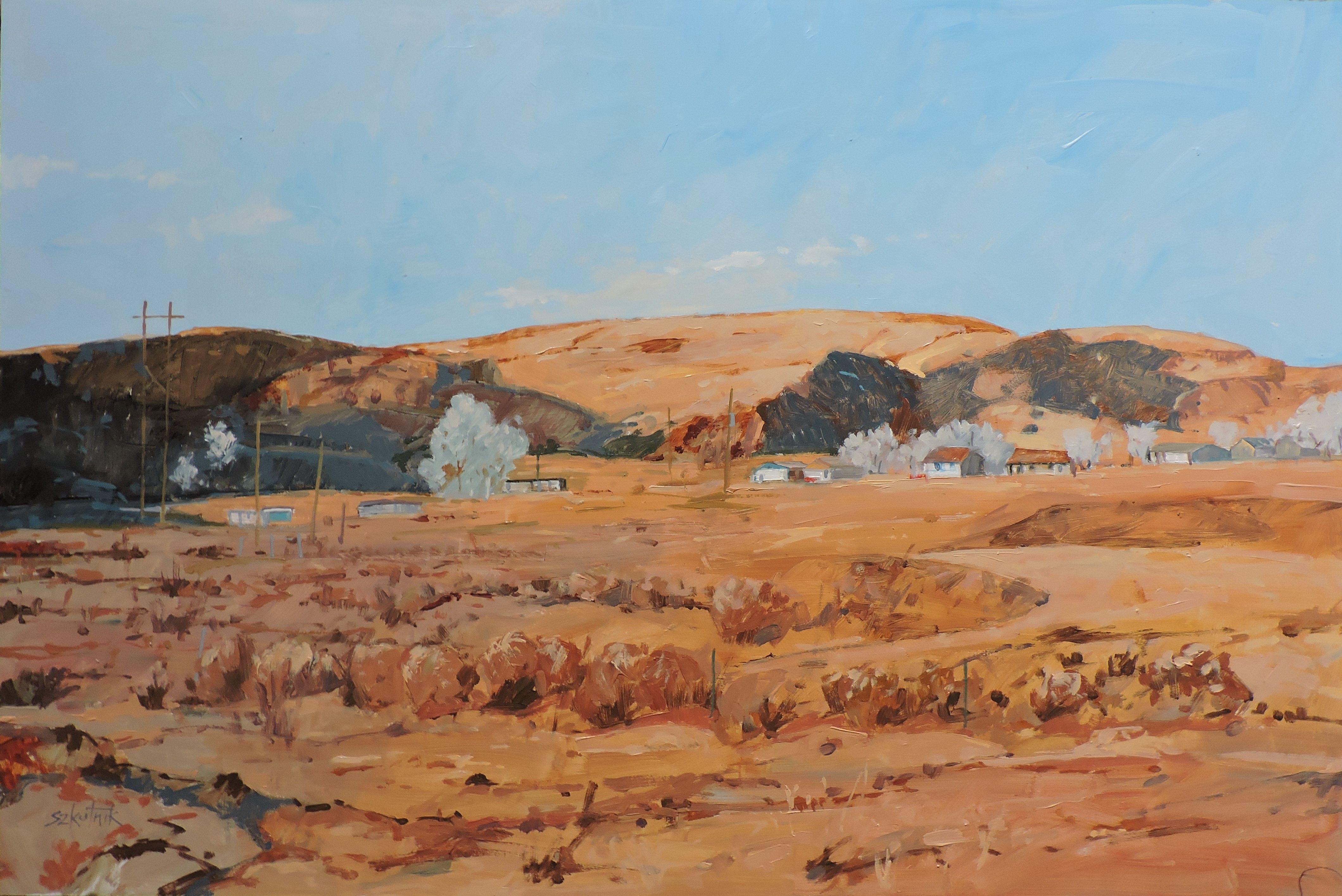 Landscape Painting Richard Szkutnik - Ferme du désert, peinture, huile sur panneau de bois