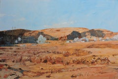 Wüstenfarm, Gemälde, Öl auf Holzplatte
