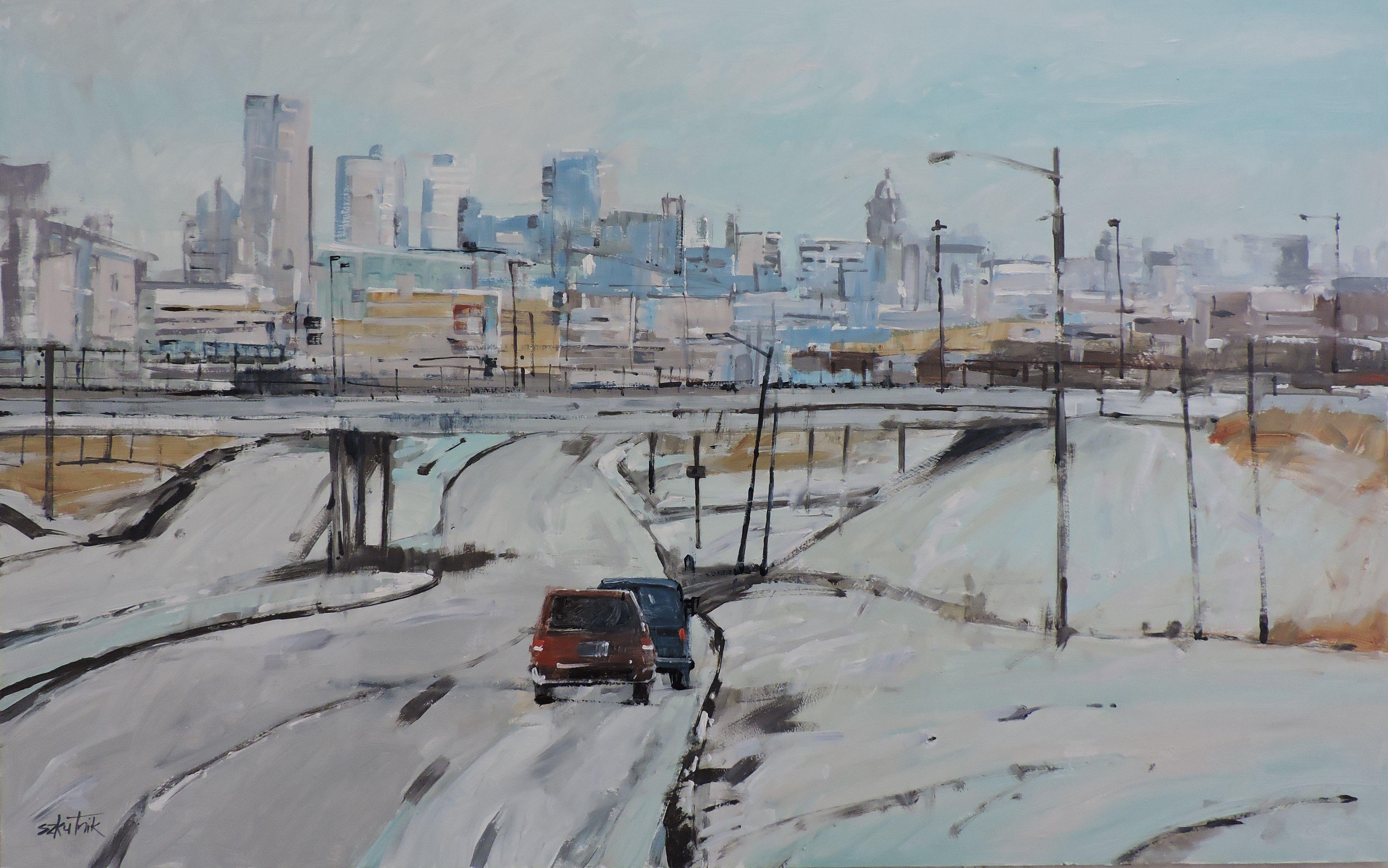 Uscita su Federal Blvd, Pittura, Olio su pannello di Wood - Painting di Richard Szkutnik