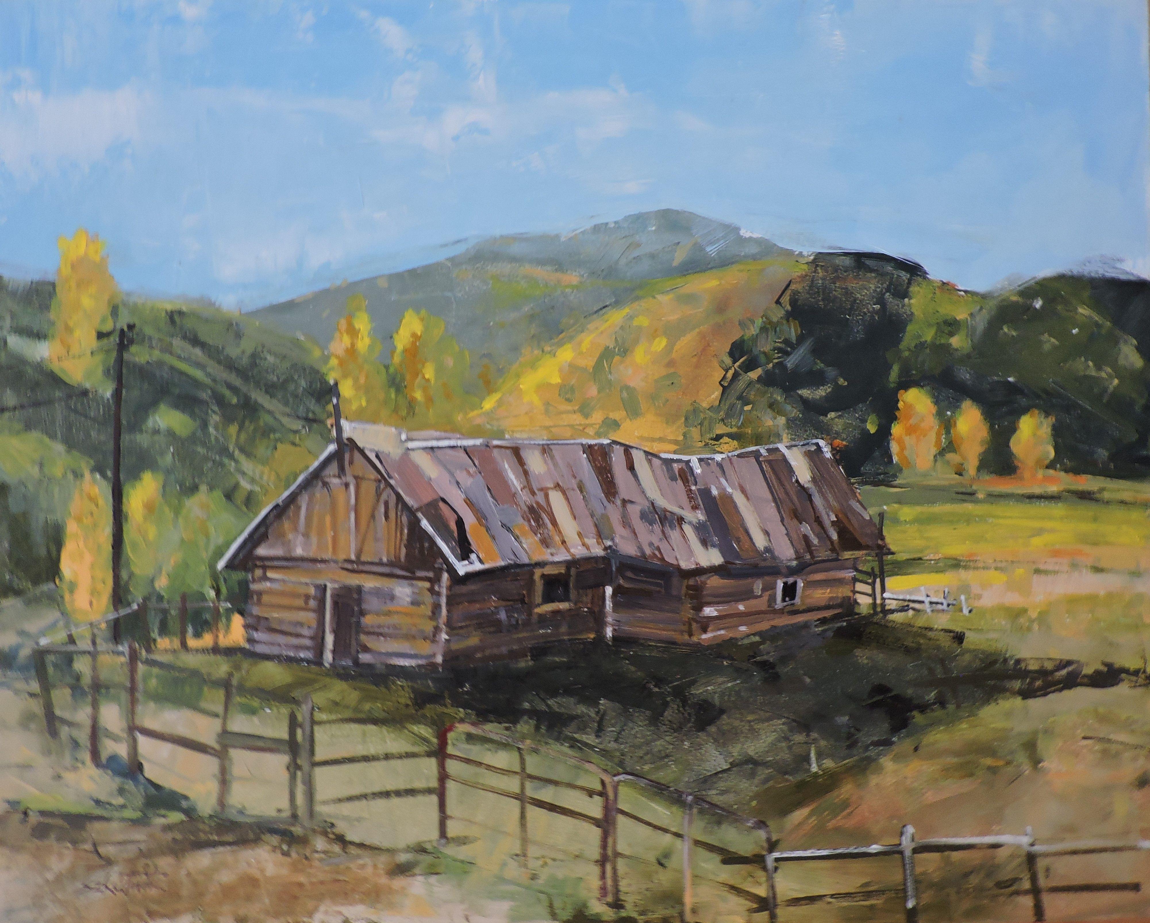 Edificio agrícola, Pintura, Óleo sobre panel de madera - Painting de Richard Szkutnik