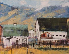 Bauernhof mit blauen Hügeln, Gemälde, Öl auf Holzplatte