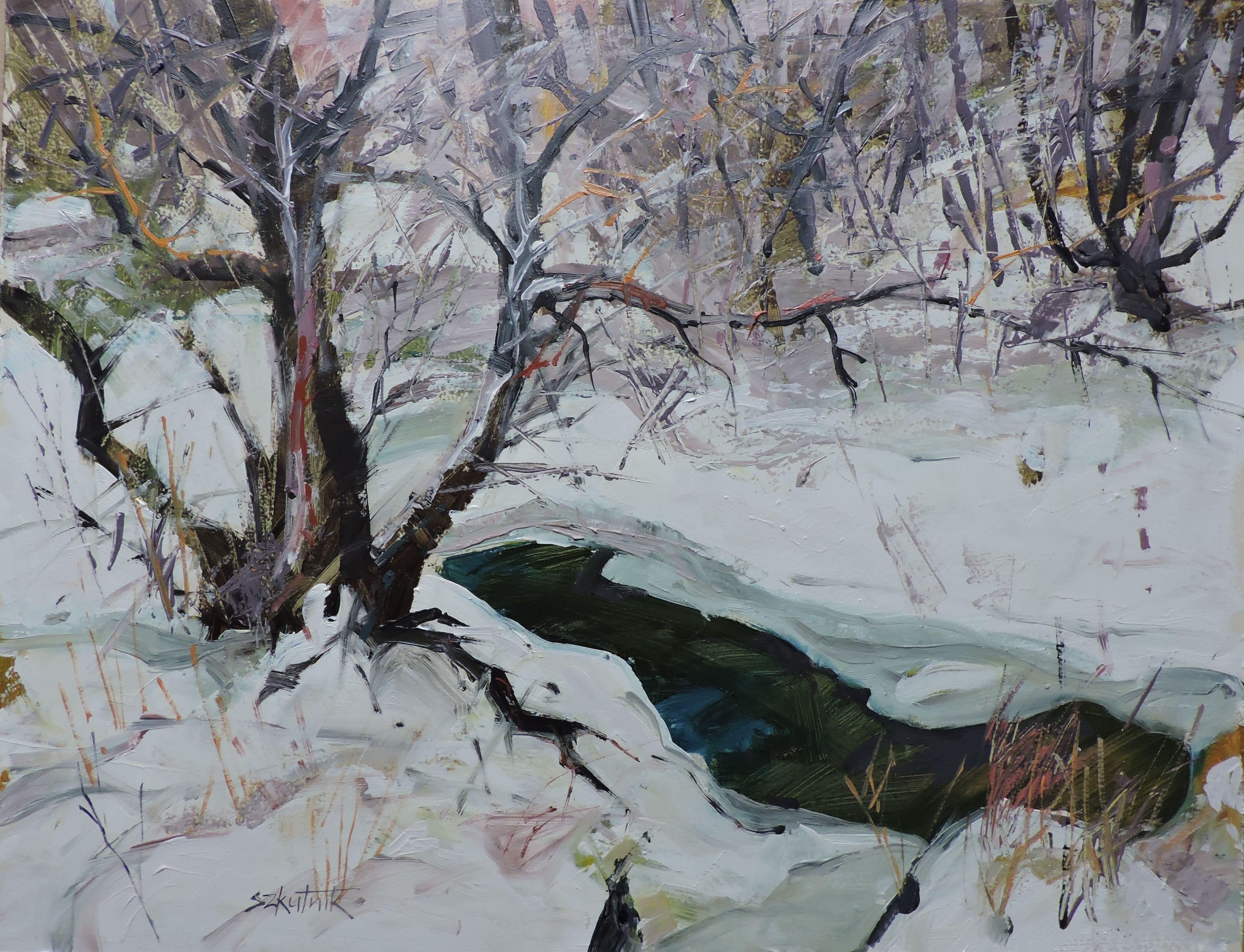 Frozenfarbenes Gemälde, Öl auf Holzplatte – Painting von Richard Szkutnik