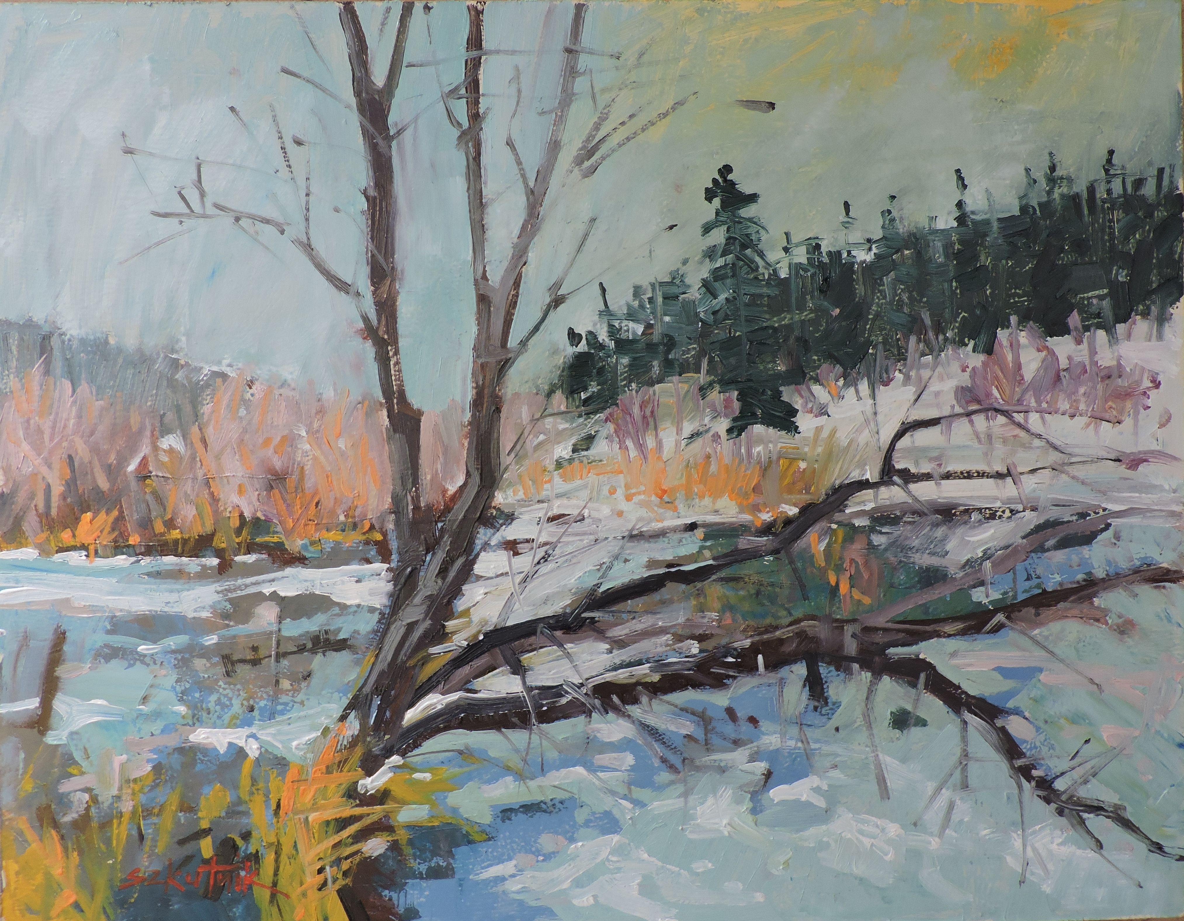 original winter en plein air landscape paint in contemporary impressionism style :: Painting :: Impressionist :: This piece comes with an official certificate of authenticity signed by the artist :: Ready to Hang: No :: Signed: Yes :: Signature