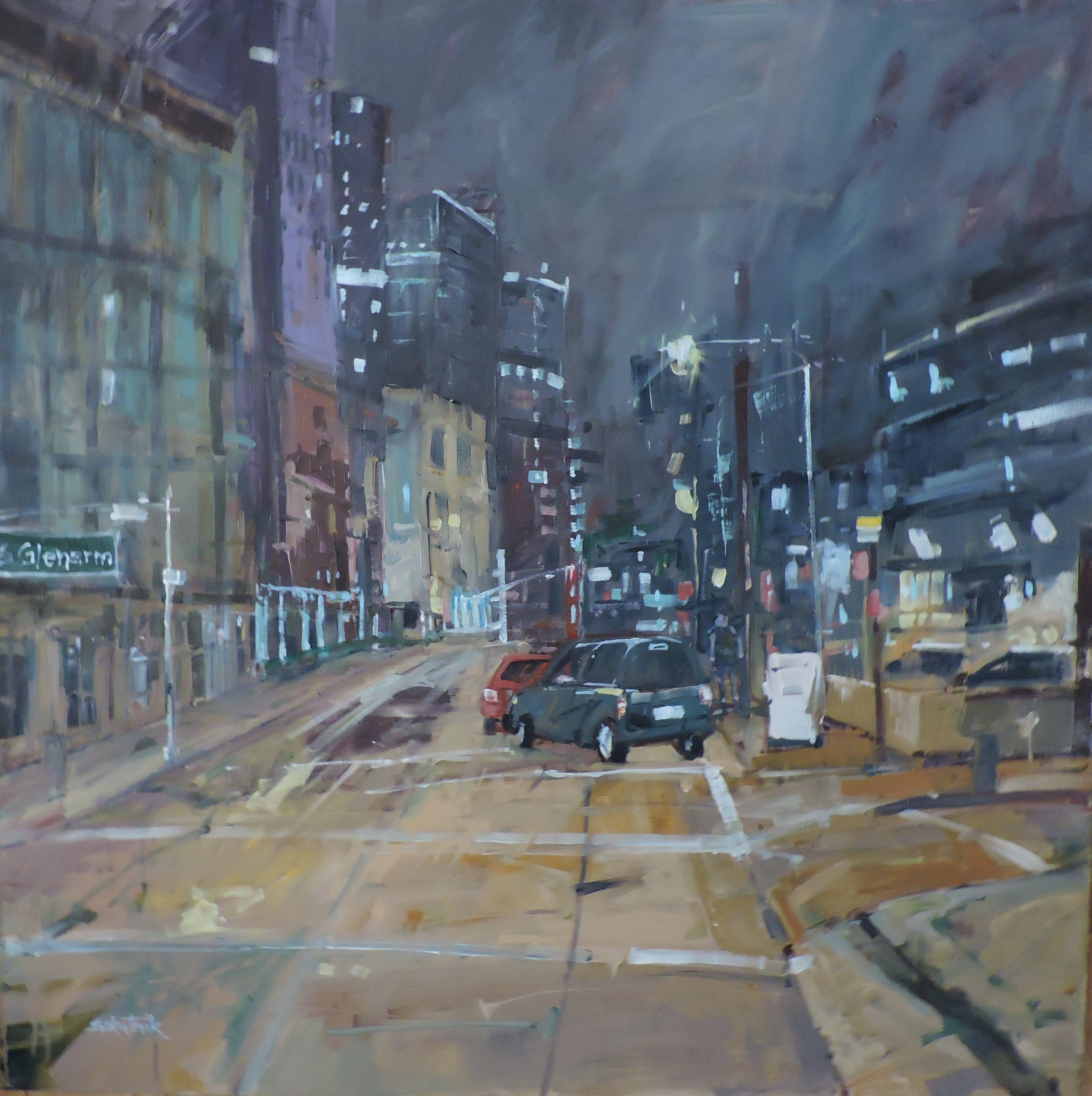 Original Denver architecture cityscape oil on panel :: Painting :: Impressionist :: This piece comes with an official certificate of authenticity signed by the artist :: Ready to Hang: No :: Signed: Yes :: Signature Location: front :: Other ::