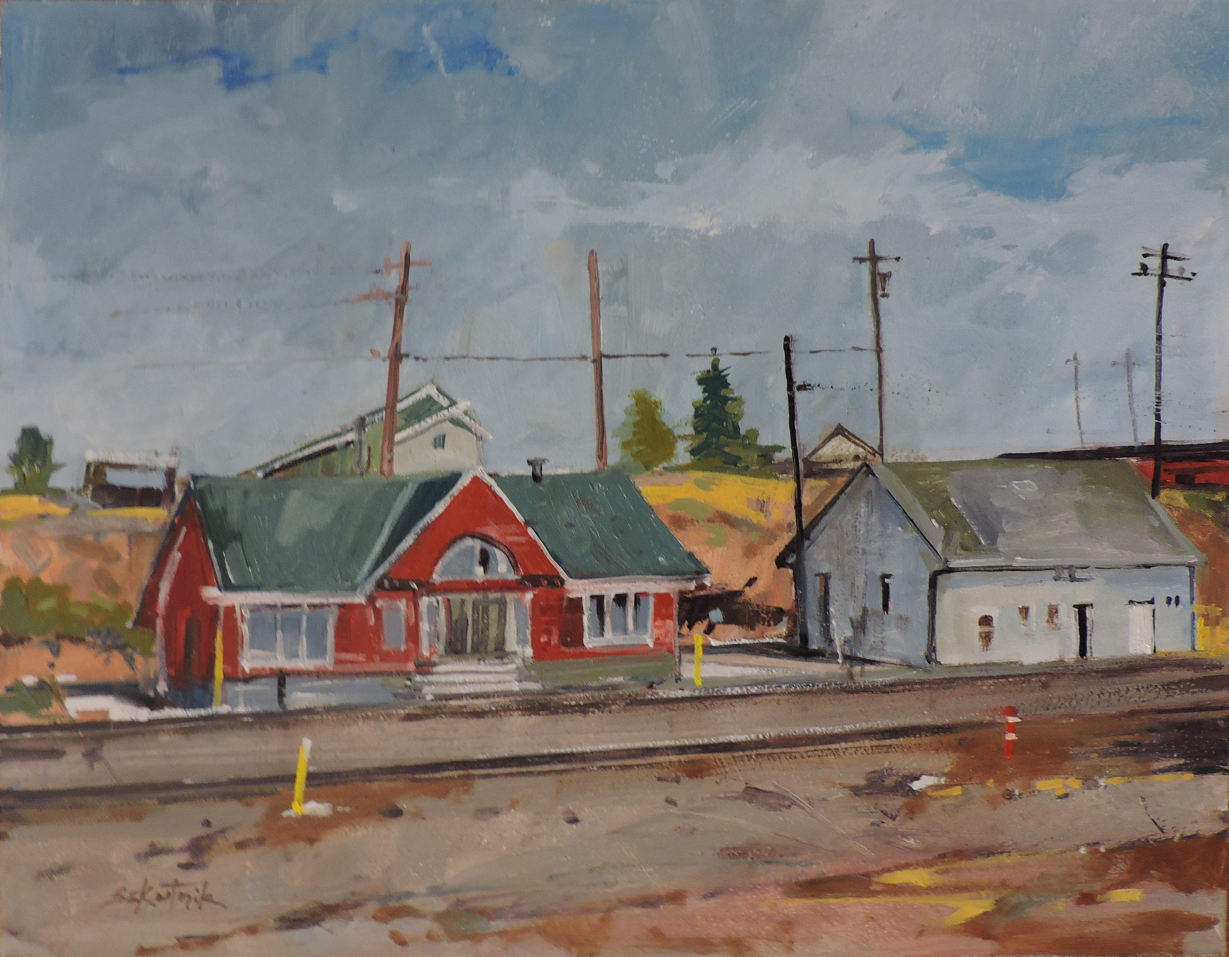 Stazione di Gramby, Pittura, Olio su pannello di Wood - Painting di Richard Szkutnik