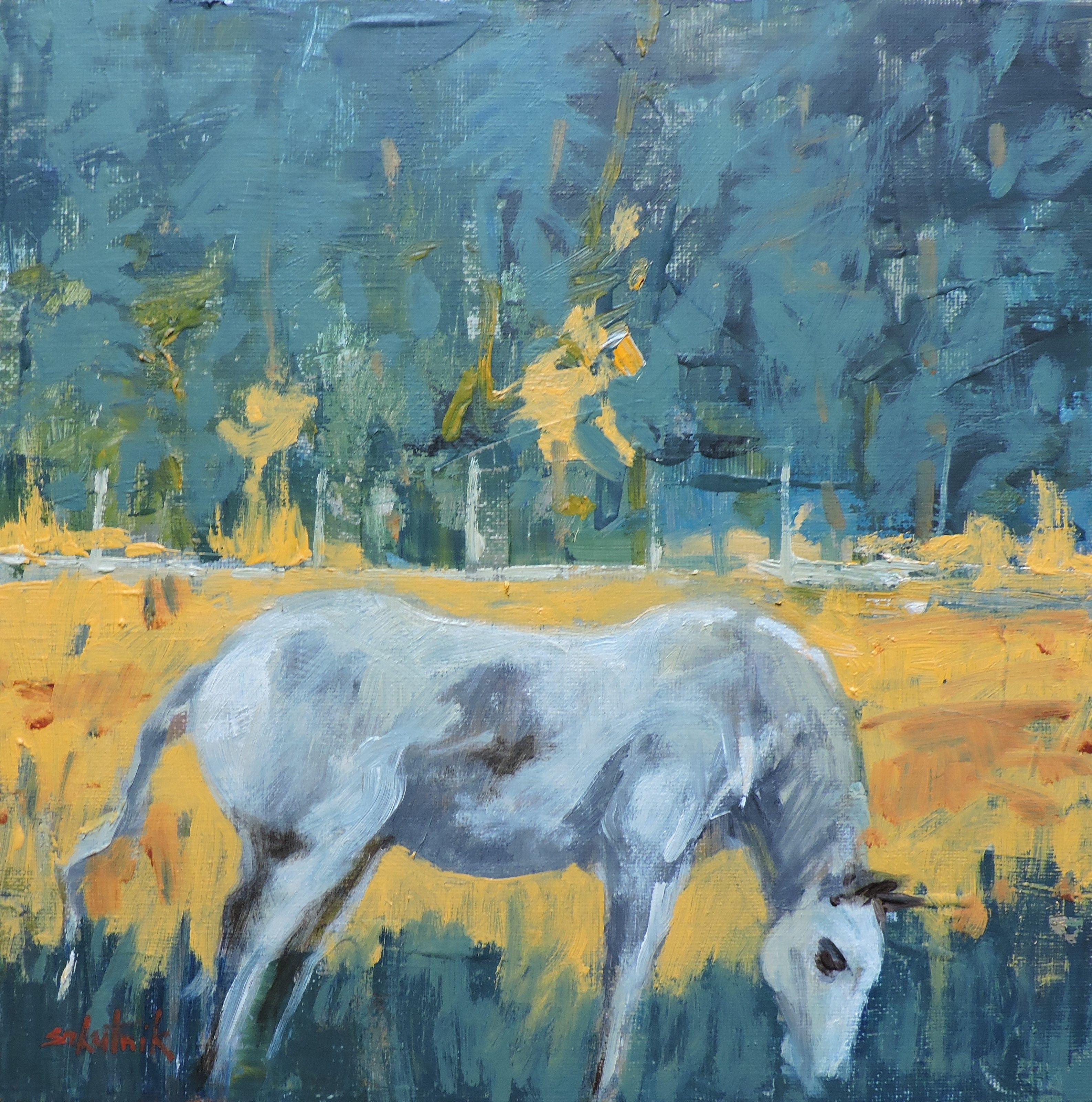 Pferdepferd in Blau, Gemälde, Öl auf Holzplatte – Painting von Richard Szkutnik