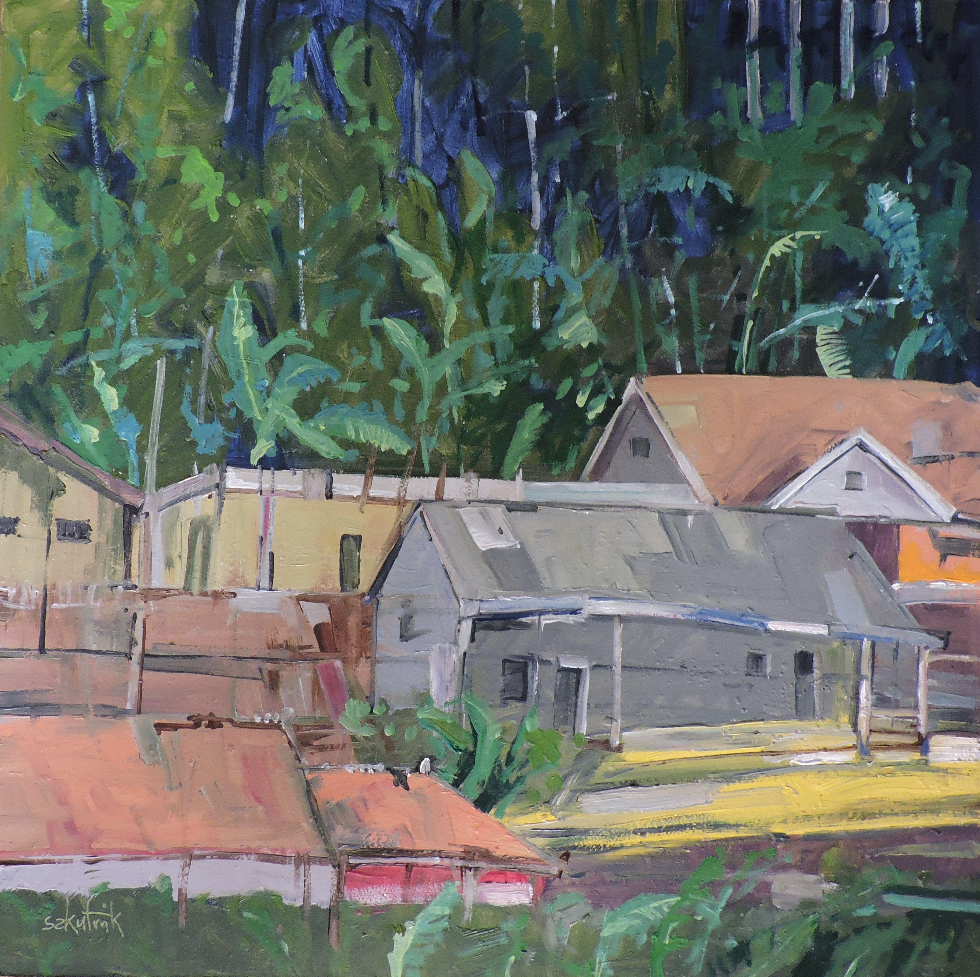 houses in Indonesia  original oil on panel :: Painting :: Impressionist :: This piece comes with an official certificate of authenticity signed by the artist :: Ready to Hang: No :: Signed: Yes :: Signature Location: front :: Wood Panel :: Diagonal