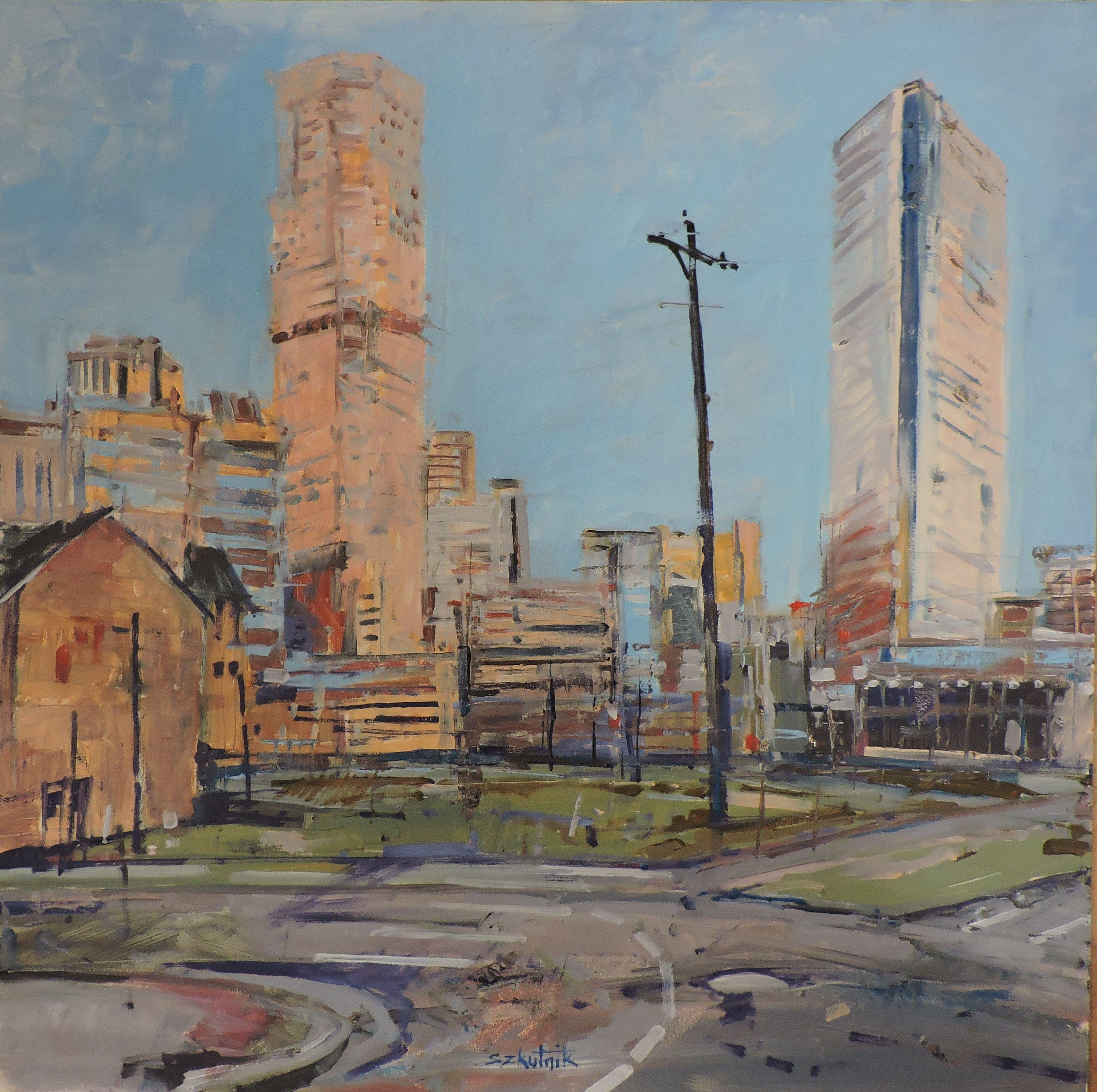 Lincoln St & 18th Ave, Pittura, Olio su pannello di Wood - Painting di Richard Szkutnik