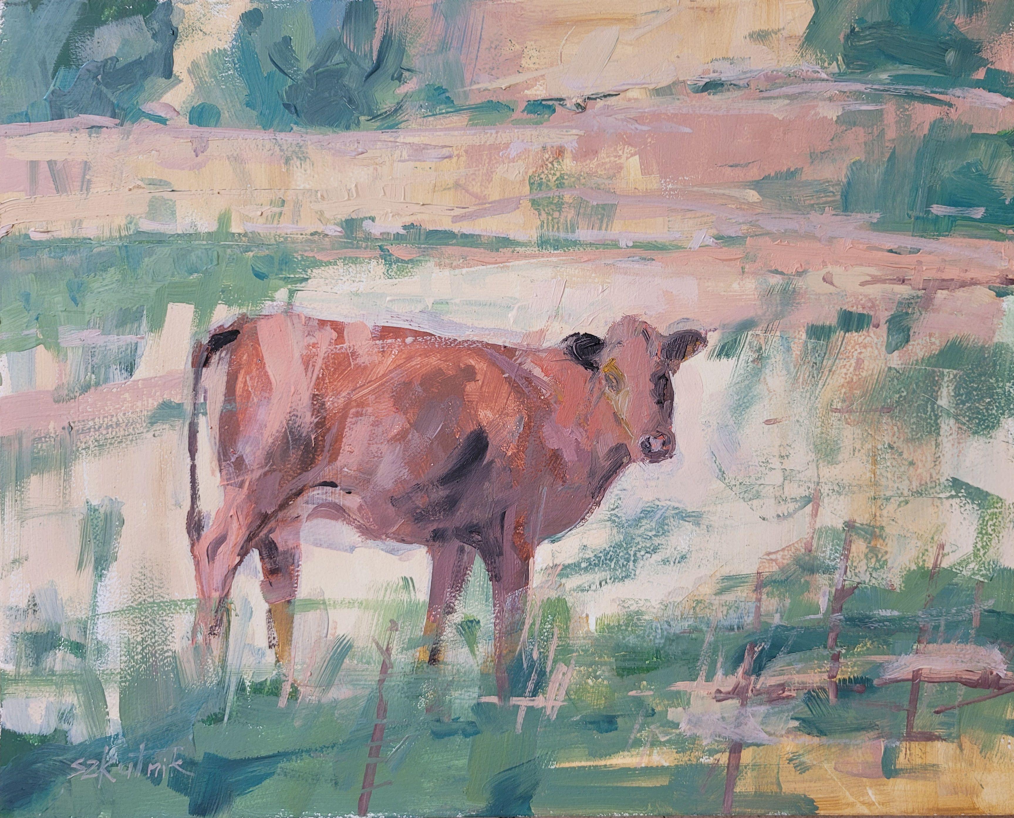 original domestic animal, cow oil on panel :: Painting :: Impressionist :: This piece comes with an official certificate of authenticity signed by the artist :: Ready to Hang: No :: Signed: Yes :: Signature Location: front :: Wood Panel :: Landscape