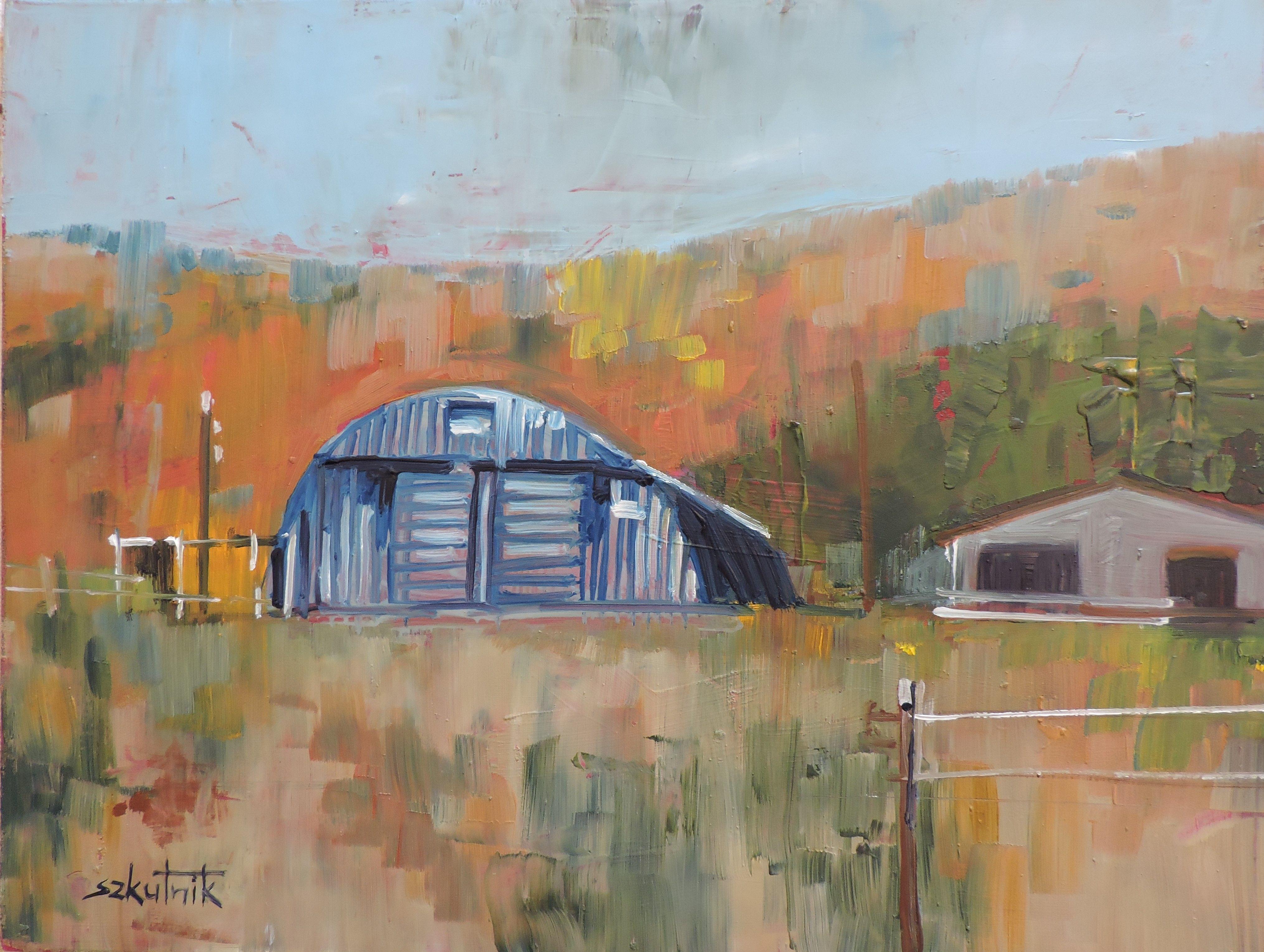 Metallaufbewahrung, Gemälde, Öl auf Holzplatte – Painting von Richard Szkutnik